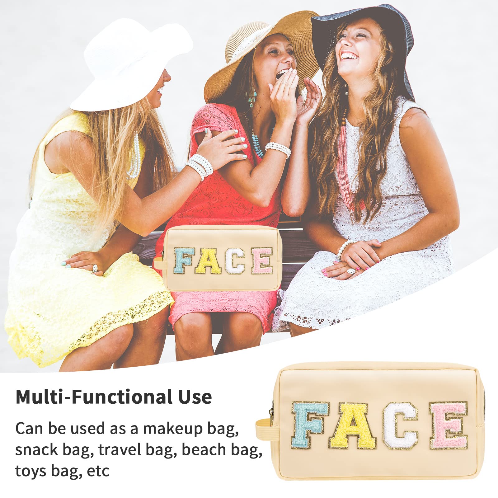 Stylish Preppy Chenille Letter Makeup Bag for Women & Girls - Nylon Travel Cosmetic Pouch with Zipper - Perfect for Toiletries, Cosmetics & Travel Essentials (Beige, Face Design) | Ideal for Daily Use, Weekend Getaways & Vacation Organization