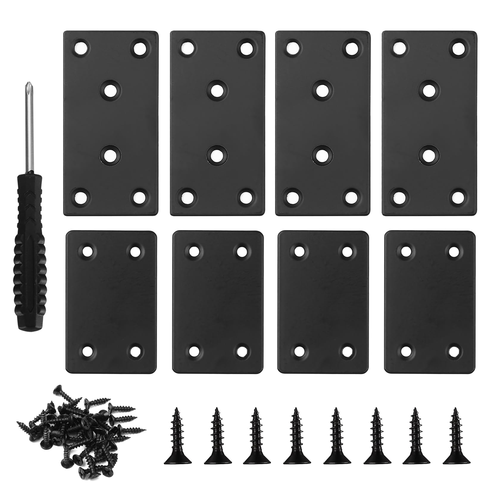 8-Pack Black Metal Flat Mending Plates with 40 Screws - Heavy Duty Joining Brackets for Wood Furniture, Shelves & DIY Projects - Perfect for Repairing Tables, Cabinets & Bookshelves