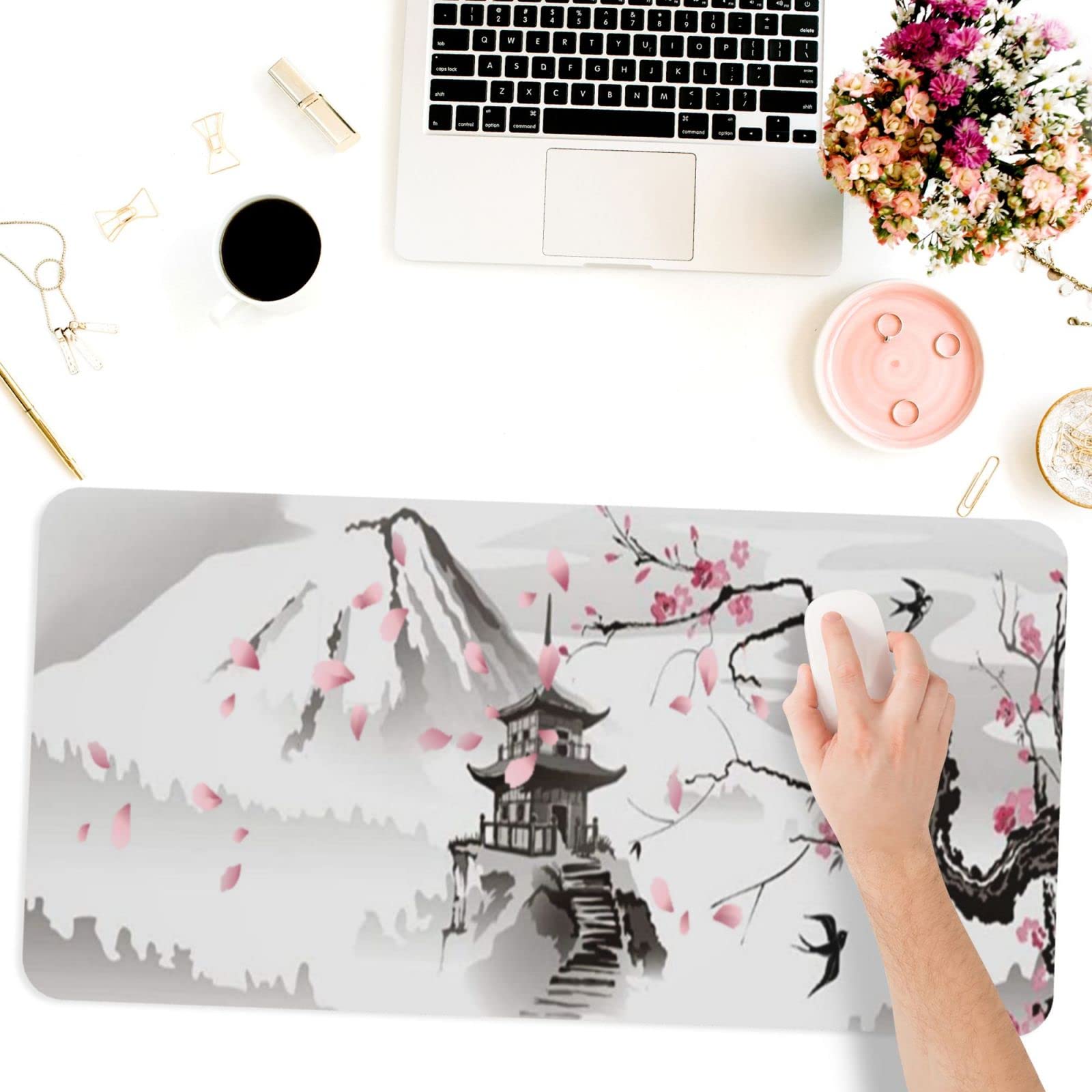 Japanese Cherry Blossom Gaming Mouse Pad XL - Extra Large Non-Slip Rubber Base Mouse Mat with Stitched Edges (35.4x15.7 Inches) - Perfect for PC Gaming, Office Work & Home Computer Setup