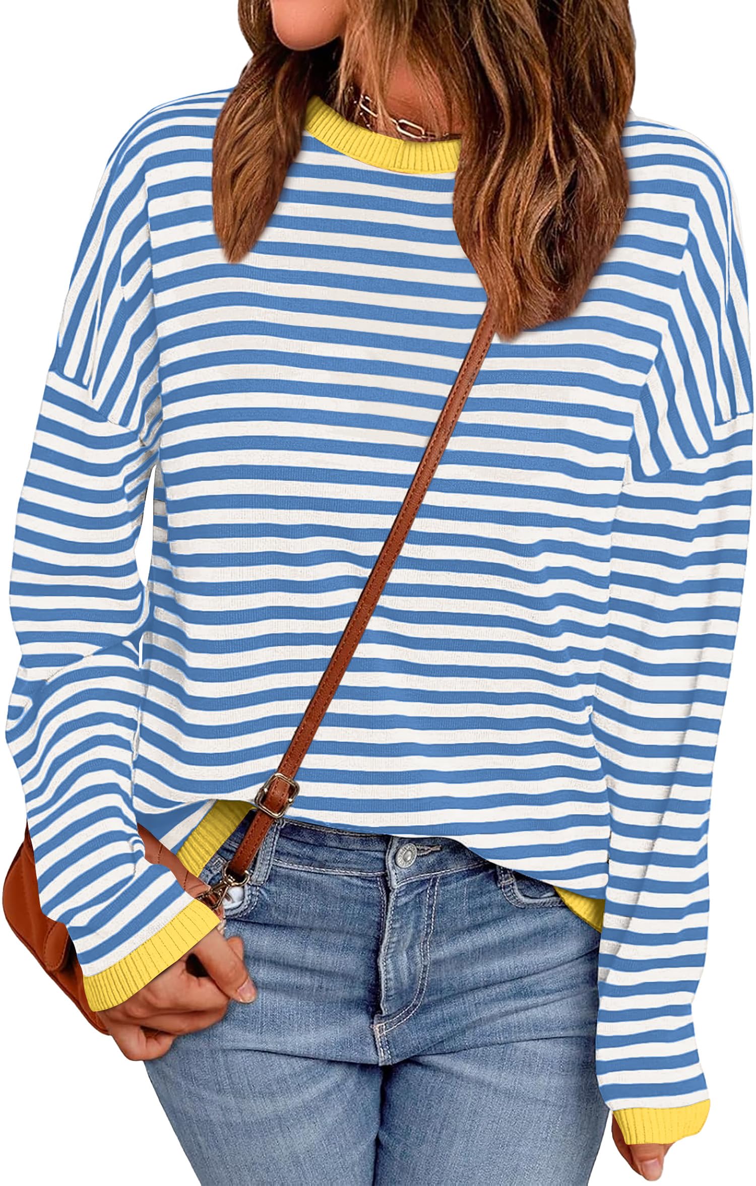 WIHOLL Women's Striped Sweater - Long Sleeve Round Neck Casual Dressy Top | Perfect for Office Wear, Date Nights & Fall Layering