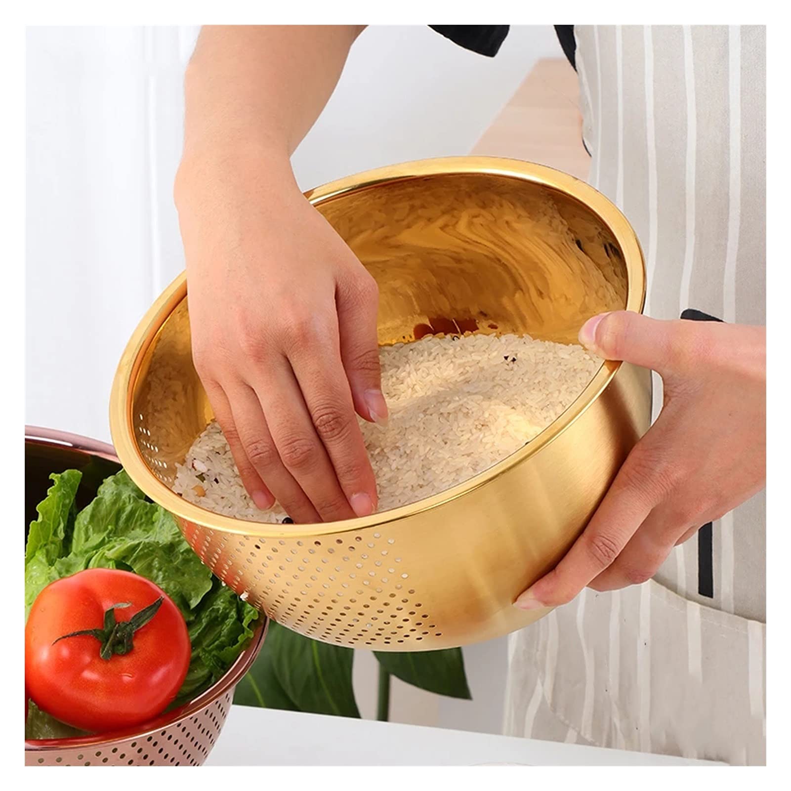 Stainless Steel Colander Strainer Basket - Rainbow No.3 Kitchen Sieve for Washing Rice, Pasta & Vegetables | Durable Food Strainer with Rose Gold Finish | Perfect for Cooking, Meal Prep & Drain Pasta Water