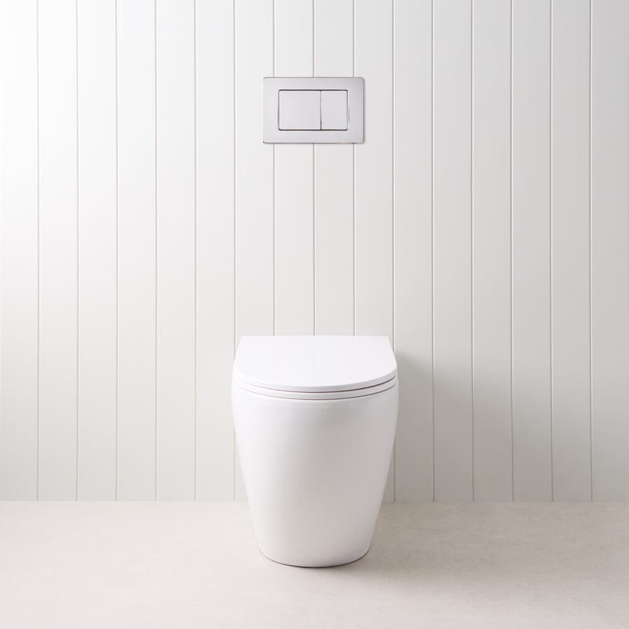 Modern Curved In-Wall Toilet with Sleek Rectangle Chrome Buttons - Space-Saving Bathroom Solution for Contemporary Homes