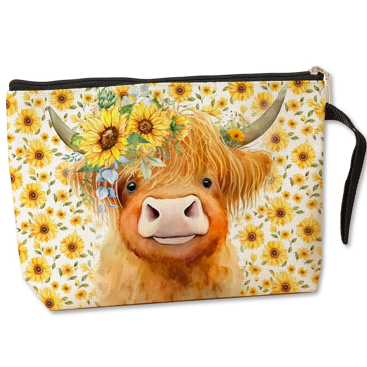 Western Cow Print Cosmetic Bag - Cute Highland Cow Makeup Pouch for Women | Cowgirl Country Themed Toiletry Bag | Perfect Gift for Mom, Daughter, Cow Lovers | Great for Graduation, Mother's Day & Birthday | Sunflower Design Travel Makeup Bag for Daily Use & Country Style Events