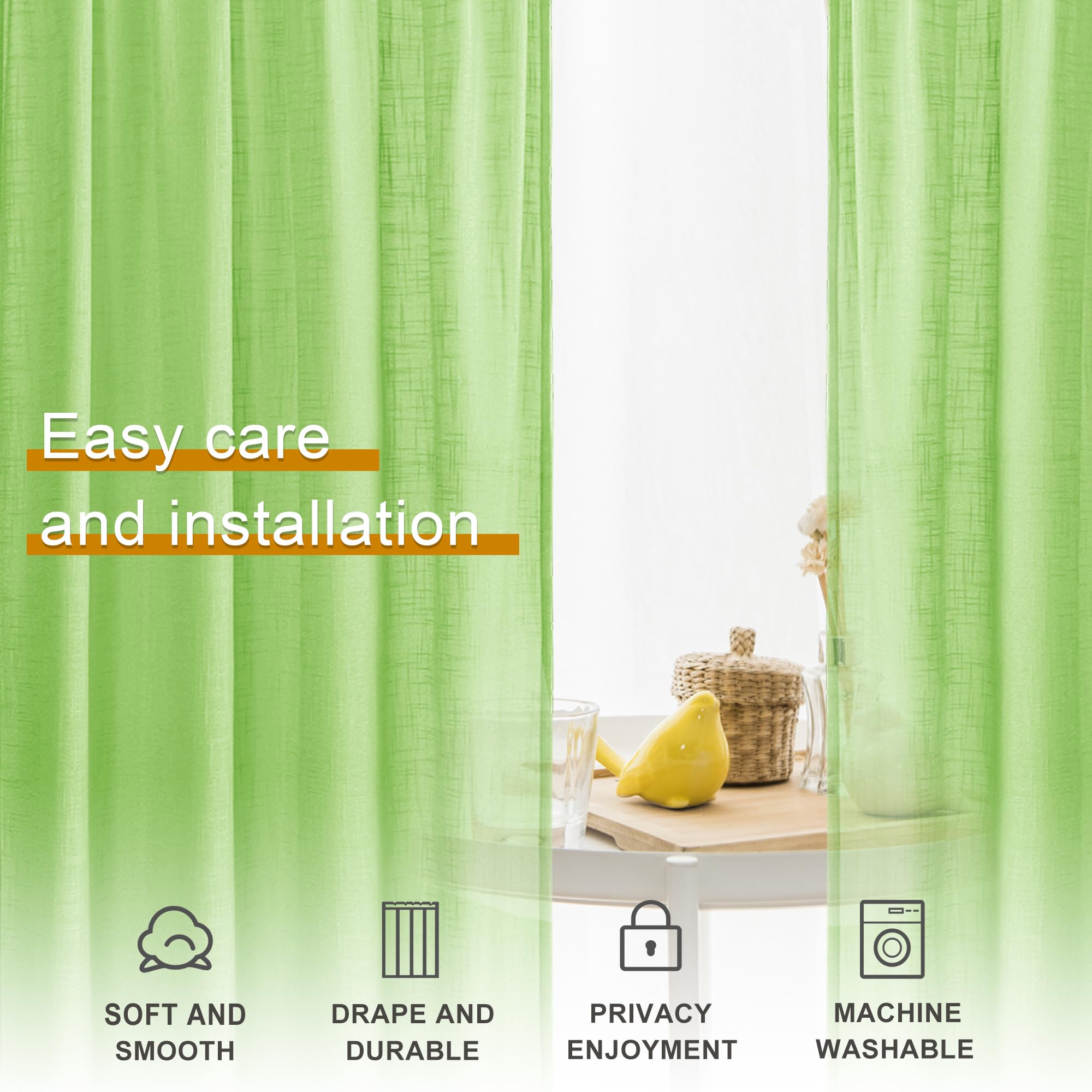 DWCN Green Sheer Curtains - Faux Linen Textured Weave Rod Pocket Window Panels (Set of 2, 52x63 Inches) for Living Room, Bedroom & Office - Light Filtering Semi Voile Drapes for Privacy & Natural Light