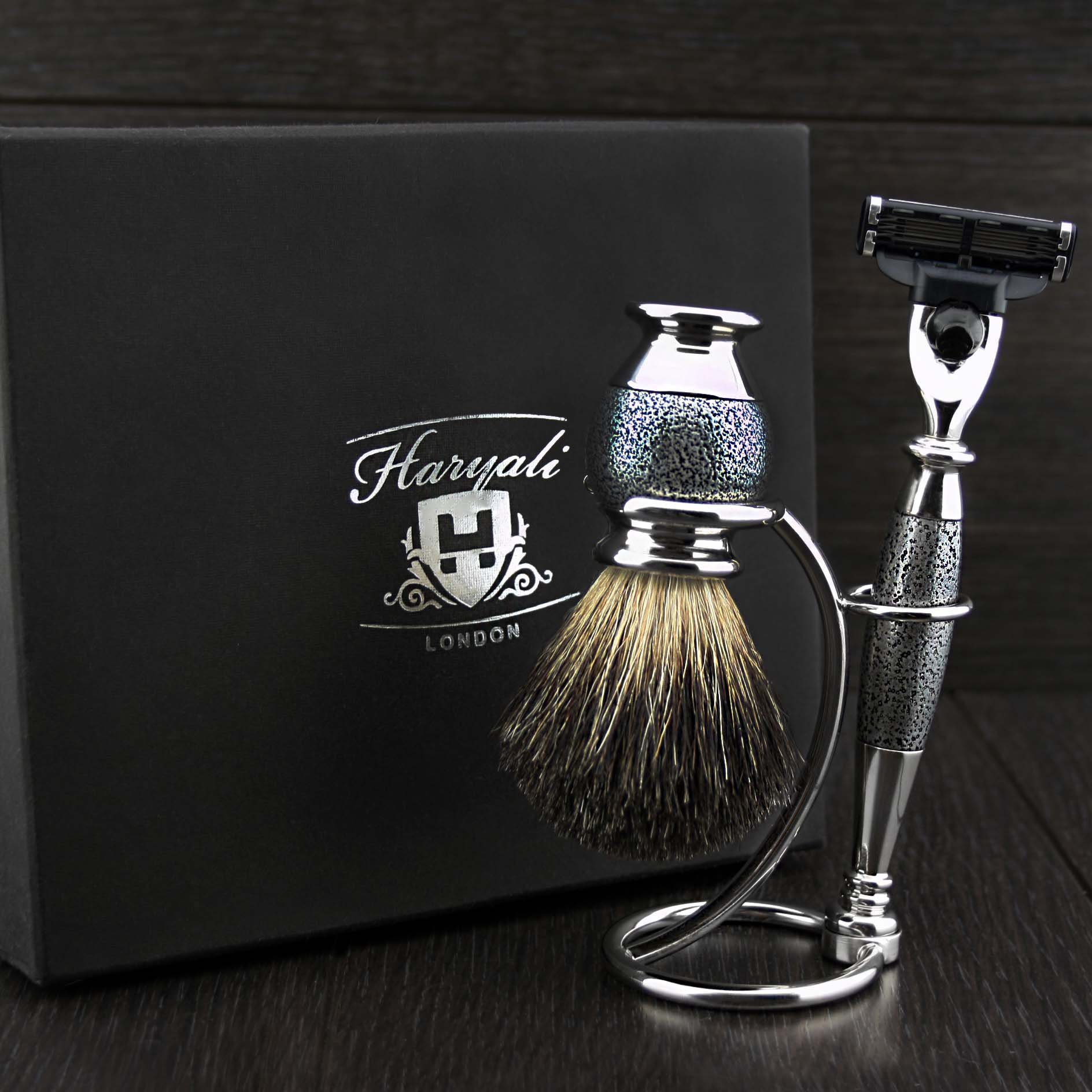 Premium 3-Blade Shaving Razor with Black Badger Hair Brush & Stainless Steel Stand - Complete Men's Grooming Kit for Sensitive Skin - Perfect for Travel, Home Use & Gift Giving