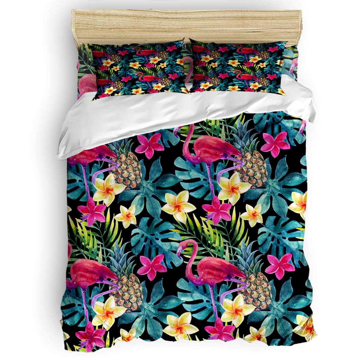 Queen Size 4-Piece Duvet Cover Set with Tropical Plants & Flamingo Animal Print - Includes 1 Duvet Cover, 1 Flat Sheet & 2 Pillowcases | Soft Bedding Set for Home Decor & Tropical-Themed Bedrooms