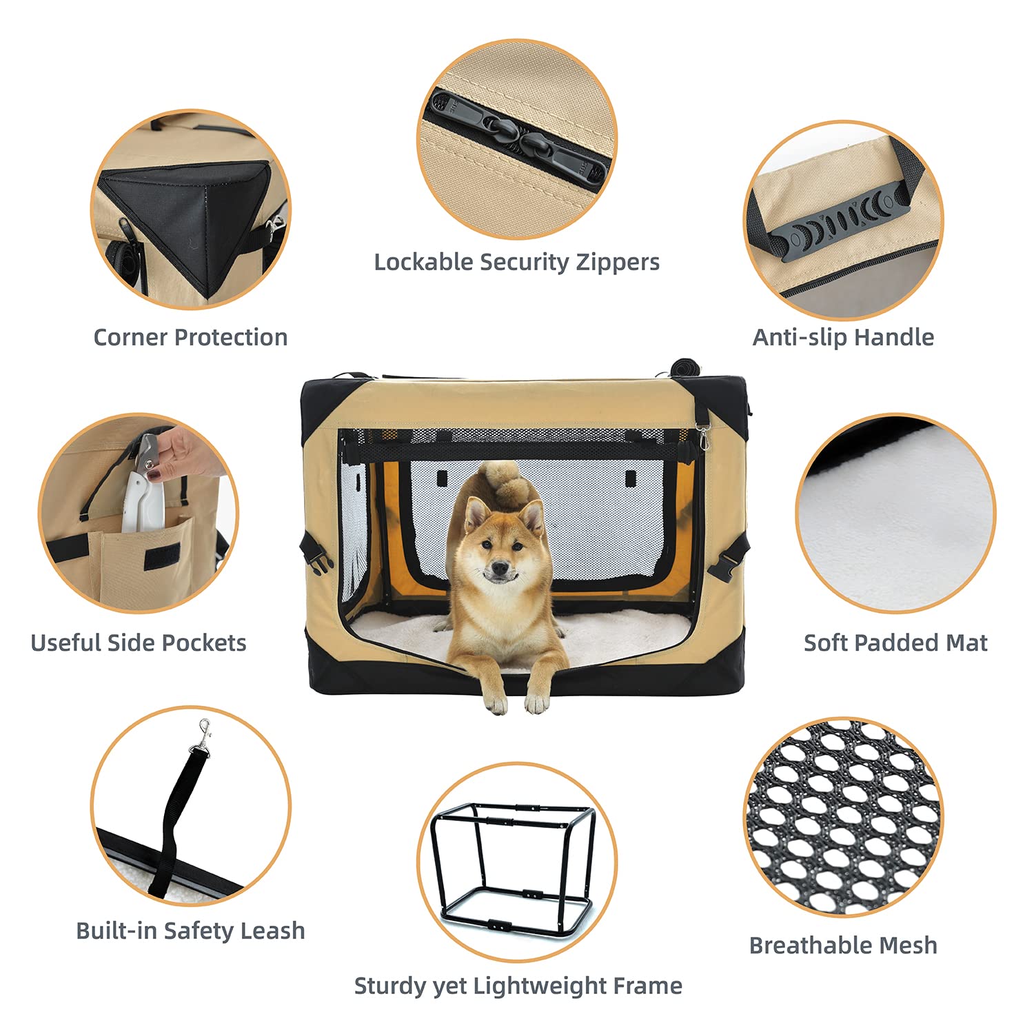 Pettycare 36 Inch Collapsible Dog Crate for Large Dogs - 4-Door Foldable Soft Kennel with Chew Proof Mesh Windows | Indoor & Outdoor Travel Crate for Home, Car, Camping & Vet Visits | Beige Soft-Sided Dog Crate