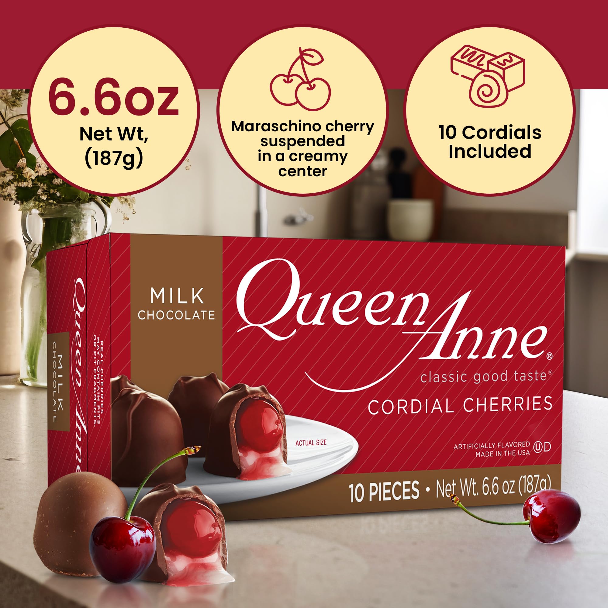 Queen Anne Milk Chocolate Covered Cordial Cherries - 6.6 oz Gift Box (10 Pieces) | Whole Cherry with Sweet Creamy Fruity Flavor | Perfect for Holidays, Gifts & Dessert Platters