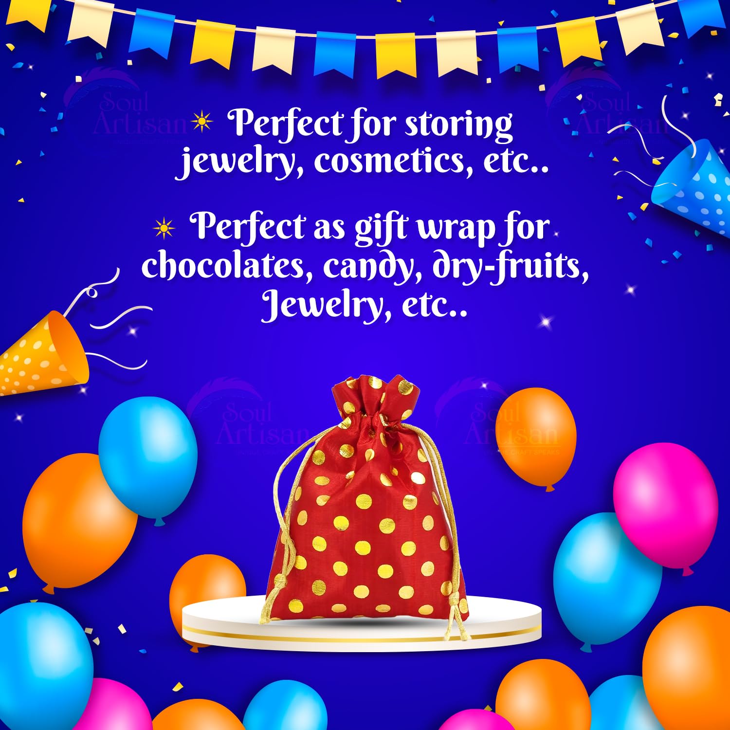 Soul Artisan Red Polka Dot Drawstring Pouches for Women - 12x18cm Pack of 10 | Wedding Favor Bags, Baby Shower Gifts, Jewelry & Dry Fruit Packaging | Perfect for Bridal Parties, Haldi Ceremonies & Return Gifts
