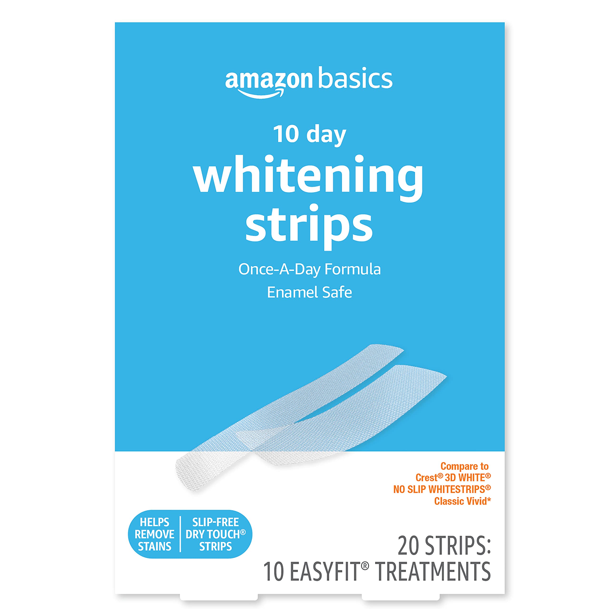 Amazon Basics 10-Day Teeth Whitening Strips Kit - 20 Strips (10 Treatments) for Whiter Teeth at Home - Enamel Safe, Dentist Recommended Whitening Solution for Coffee & Wine Stains Removal - Perfect for Weddings, Job Interviews & Special Occasions