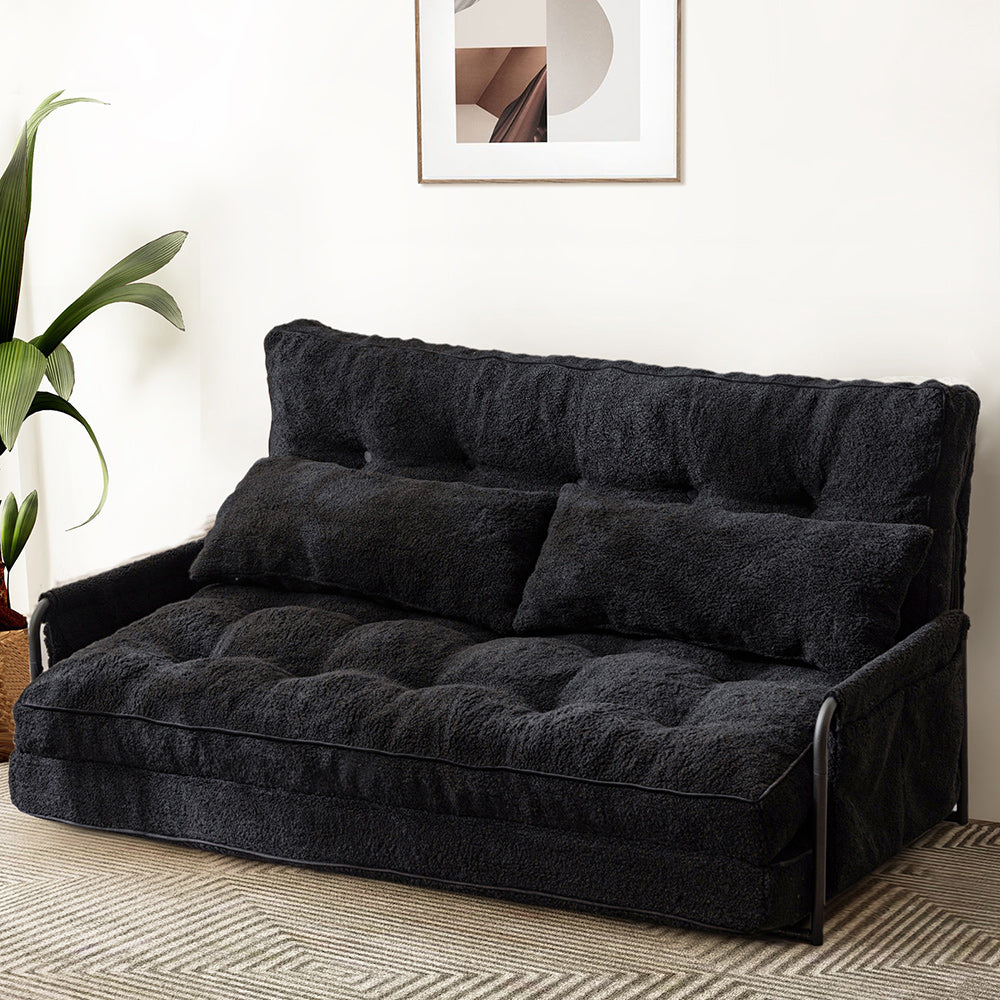 MAXYOYO Adjustable Floor Sofa Couch with 2 Pillows - Boucle Convertible Lazy Sofa Sleeper Bed with Armrest for Living Room, Bedroom & Small Spaces - Double Size in Black - Perfect for Lounging, Napping & Guest Sleeping