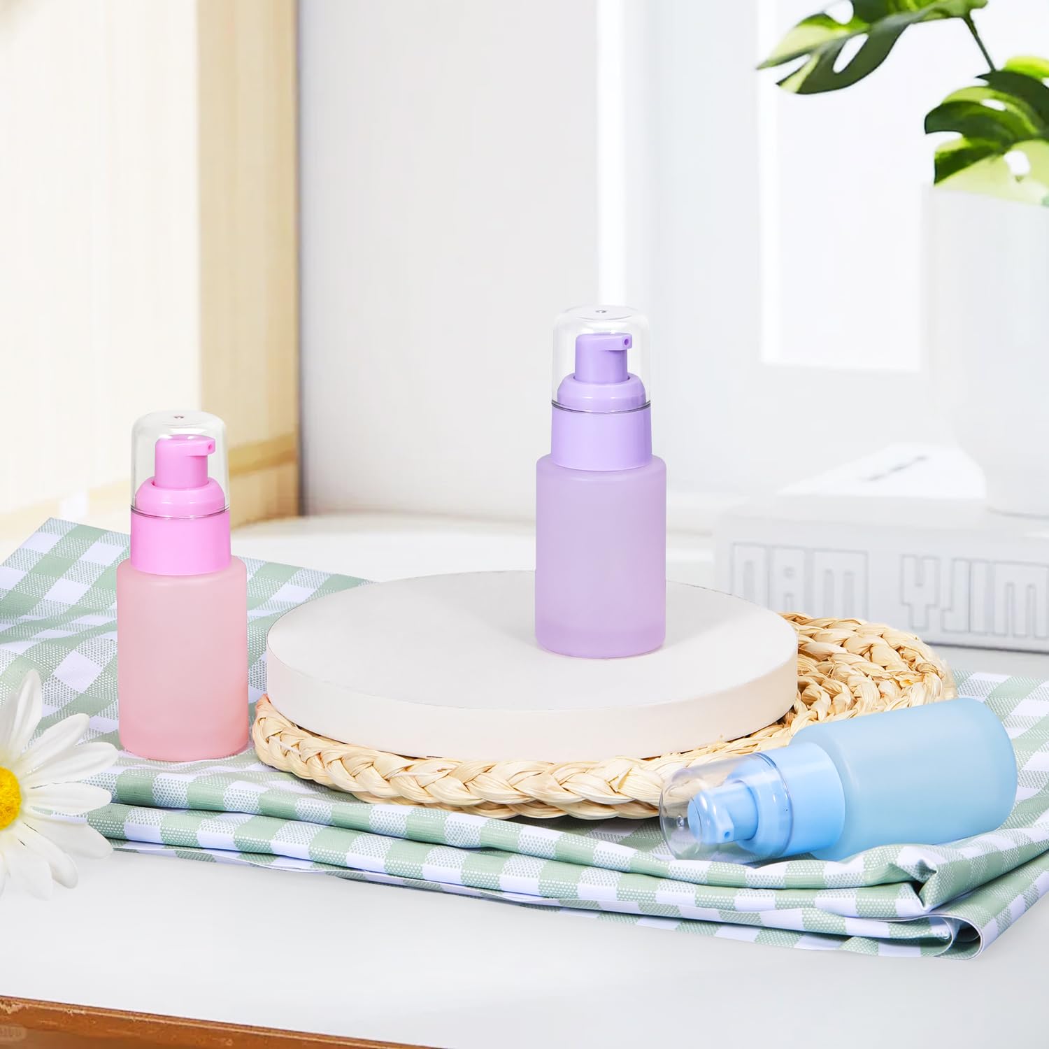 1 oz Empty Glass Pump Bottle Set (3 Pcs) - Leak Proof Refillable Containers for Lotion, Essential Oil, Liquid & Cream - Travel Toiletry Bottles & Frosted Foundation Bottles - Perfect for DIY Cosmetics, Skincare & On-the-Go Use