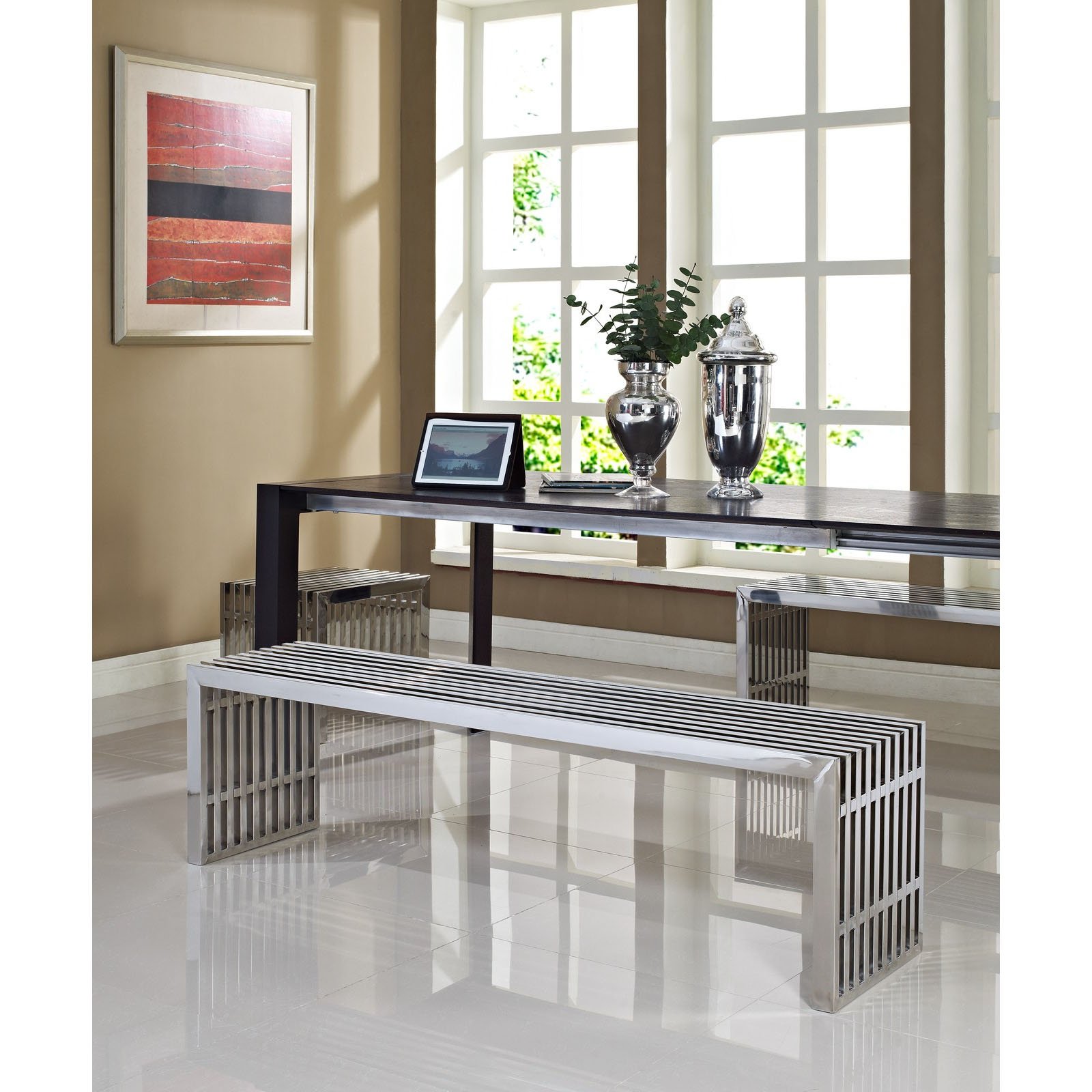 Modway Furniture EEI-867 Gridiron 3-Piece Bench Set in Silver - Modern Outdoor Seating for Patio, Garden & Backyard Decor