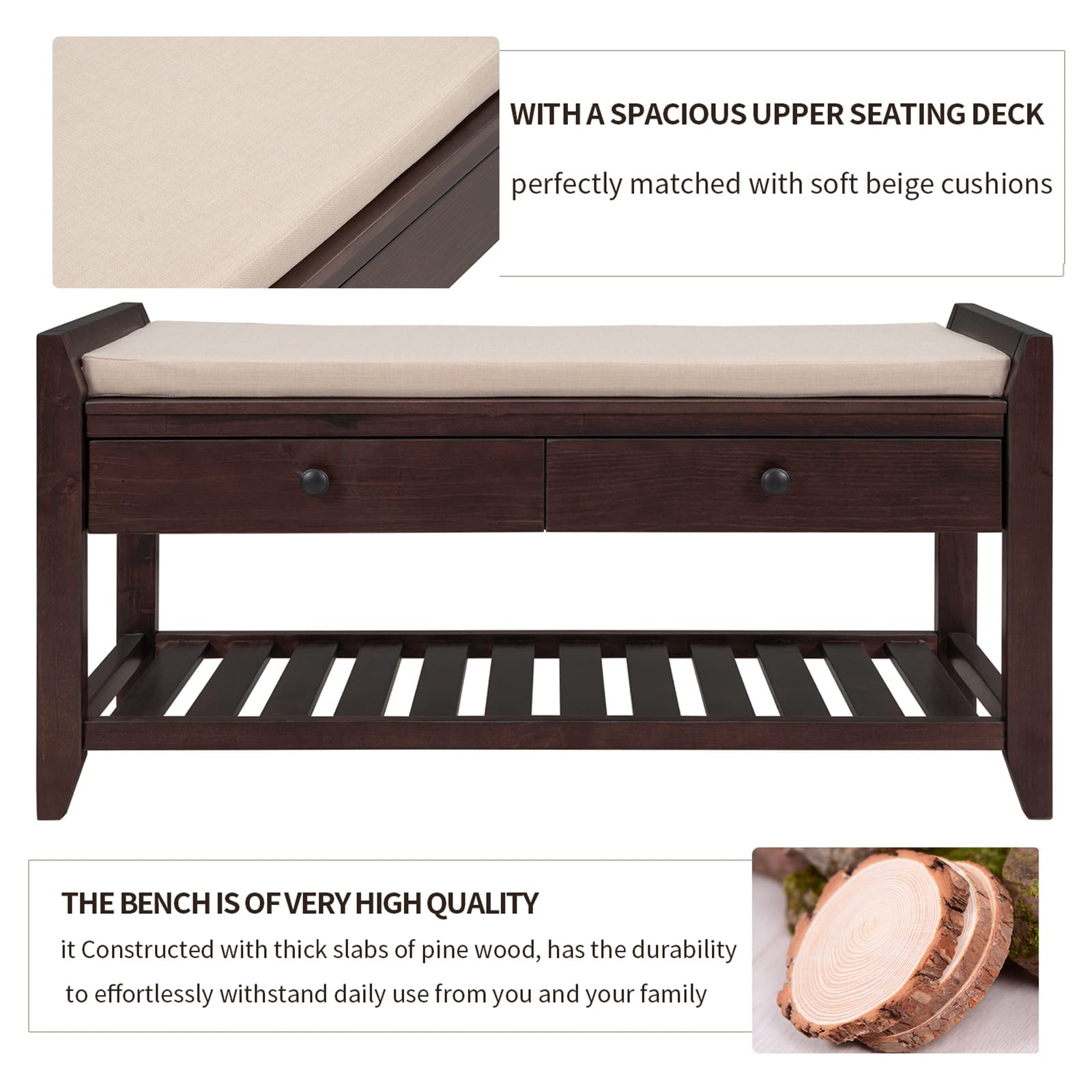 Wooden Shoe Storage Bench with Cushioned Seat & 2 Drawers - Multipurpose Entryway Organizer for Shoes, Living Room, Hallway & Bedroom - Espresso Finish for Home Decor & Practical Storage Solutions