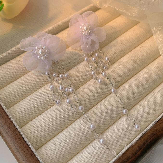 Ivory Pearl Drop Wedding Earrings with Lace Flower Design - Elegant Bridal Jewelry for Weddings, Prom & Formal Events | FM2003