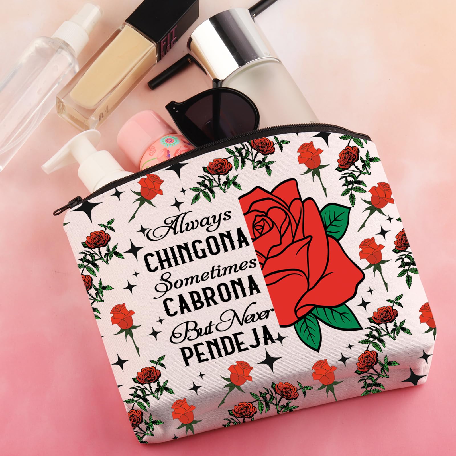 BDPWSS Latina Gift Makeup Bag - Always Chingona Sometimes Cabrona But Never Pendeja - Spanglish Power Gift for Women (Perfect for Travel, Gym & Everyday Use)