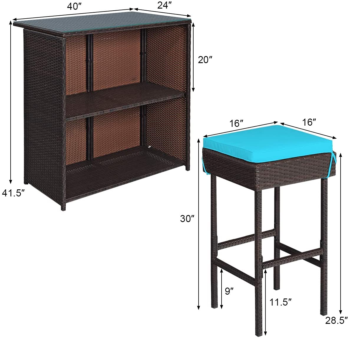 3-Piece Outdoor Patio Bar Set with Glass Top Table & 2 Cushioned Rattan Stools - Wicker Furniture with Storage Shelves for Backyard, Poolside, Garden or Porch (Turquoise) - Perfect for Entertaining Guests or Relaxing Outdoors