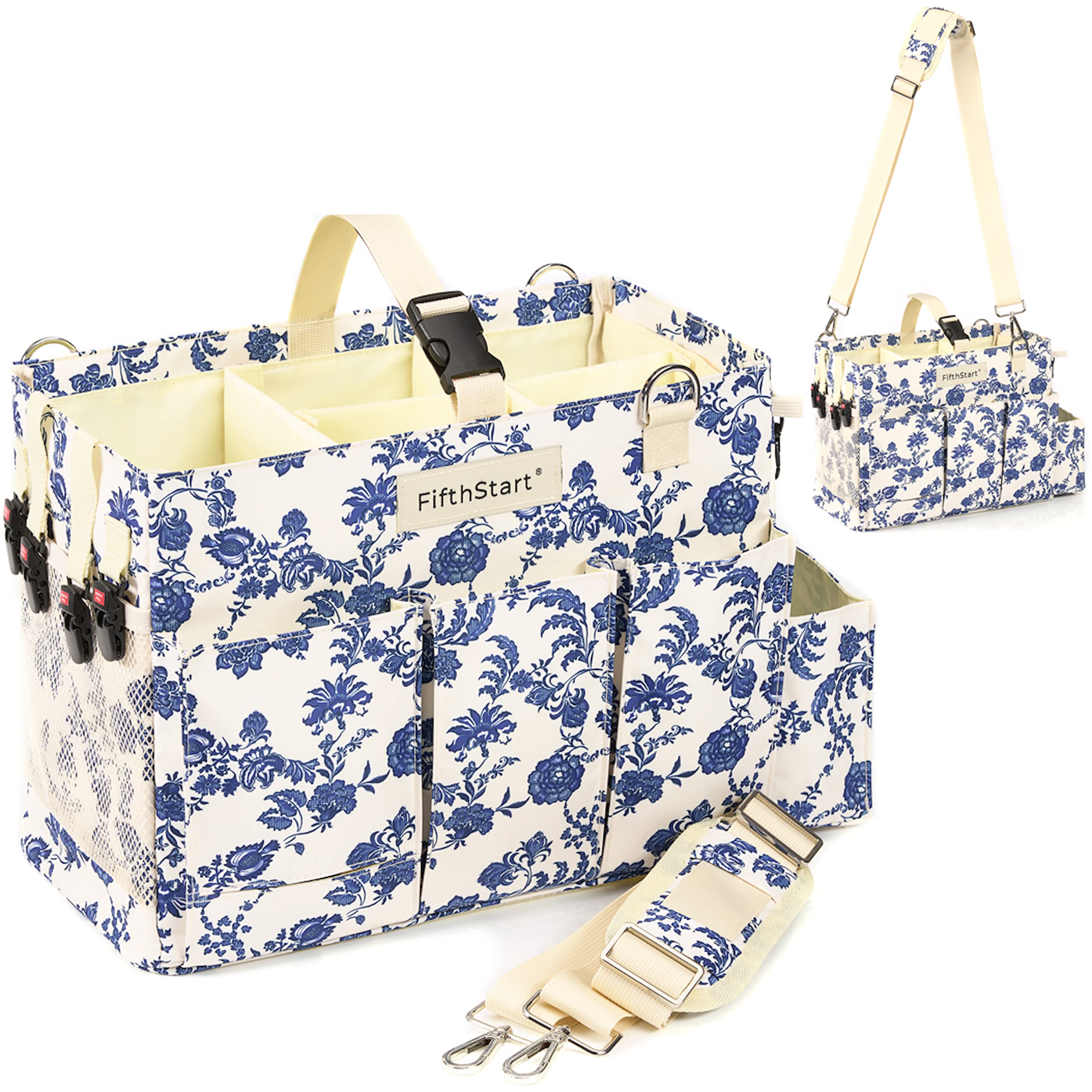 FifthStart Wearable Cleaning Caddy - Professional Cleaning Supplies Organizer with Shoulder Strap & Removable Waist Strap, Handle (Blue Floral, Small) - Perfect for House Cleaning, Janitorial Work & Home Organization