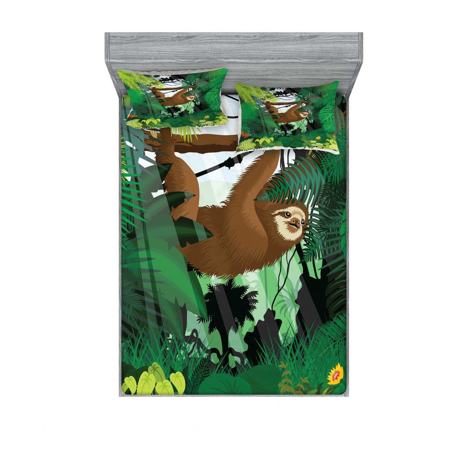 Ambesonne 2-Piece Sloth Themed Queen Size Fitted Sheet Set with 4 Pillow Shams - Tropical Rainforest Animal Print Bedding in Green & Brown for Cozy Bedroom Decor | Perfect for Kids Rooms, Guest Beds & Jungle Themed Home Decor