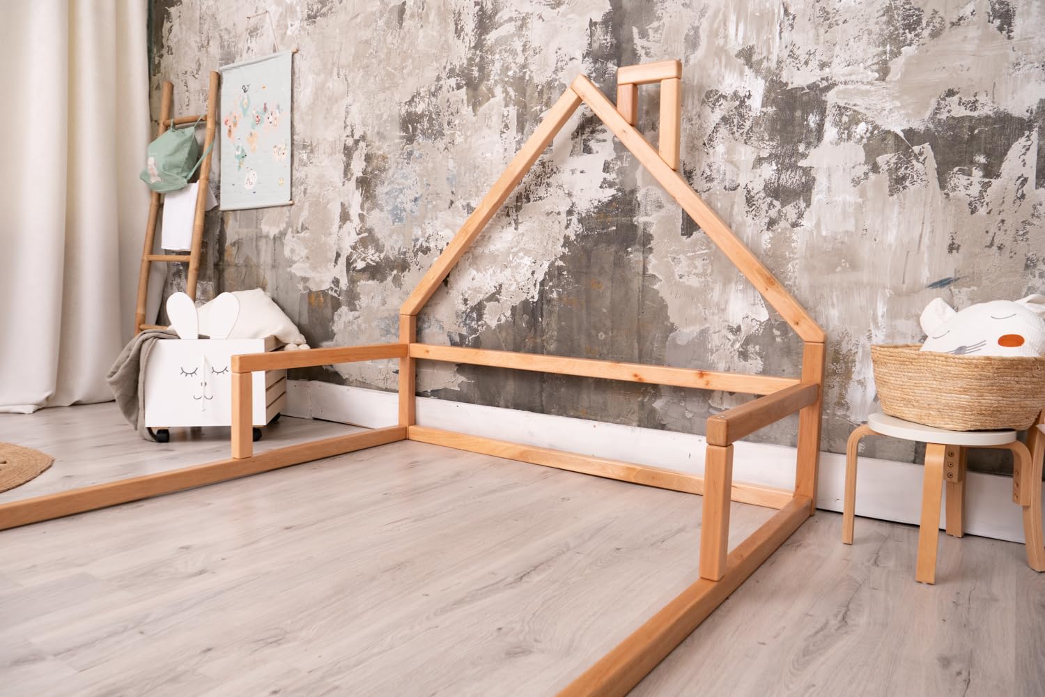 Montessori Floor Bed for Toddlers - Twin Size House Bed Frame with Natural Tree Design - Model 3 | Perfect for Kids' Room, Playroom & Montessori Learning Spaces