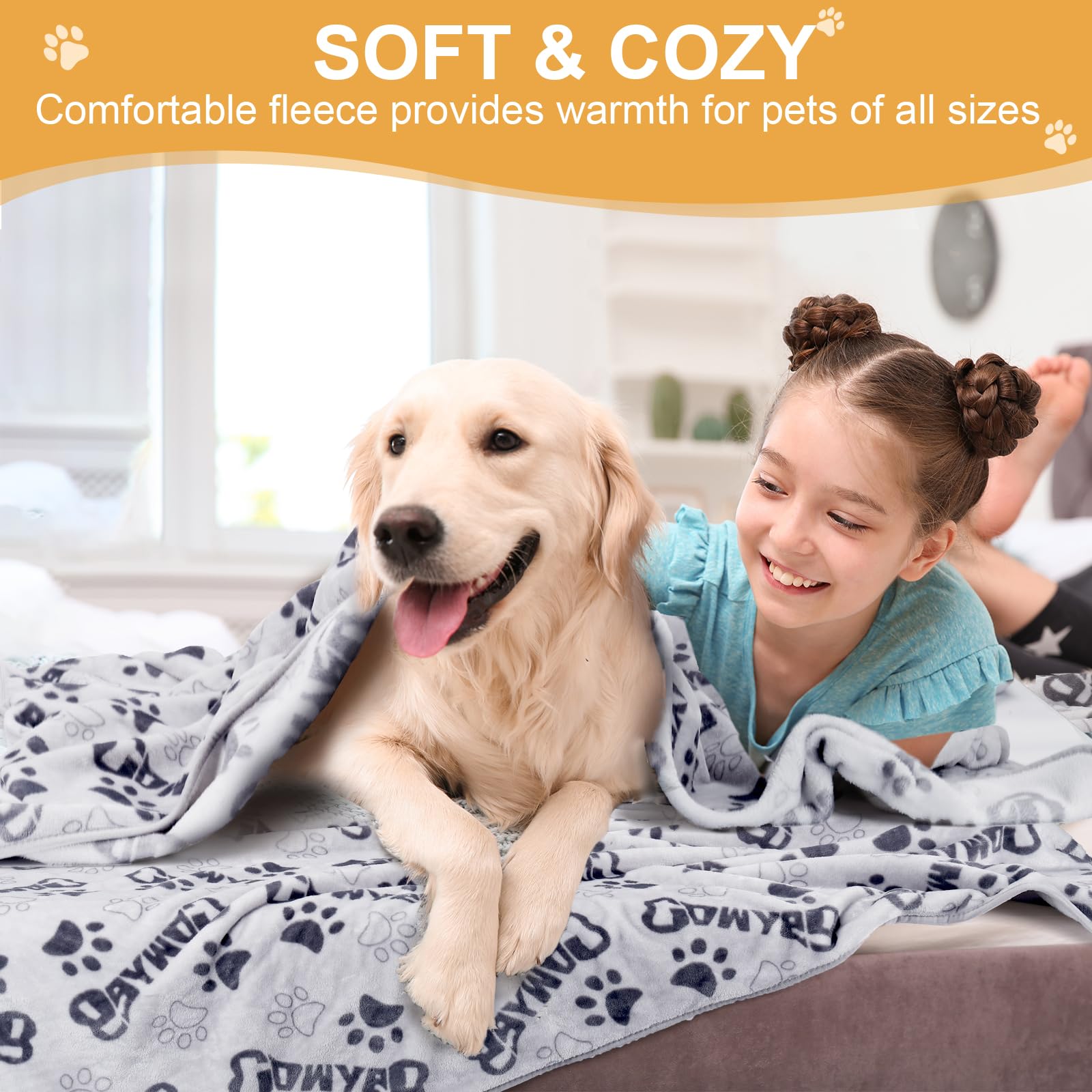 **Soft Reversible Fluffy Dog Blanket for Large Dogs & Cats - 41x31 Inch Paw Print Pet Throw Blanket for Bed, Couch, Travel - Cozy & Warm for Winter, Home Decor, Gifts**