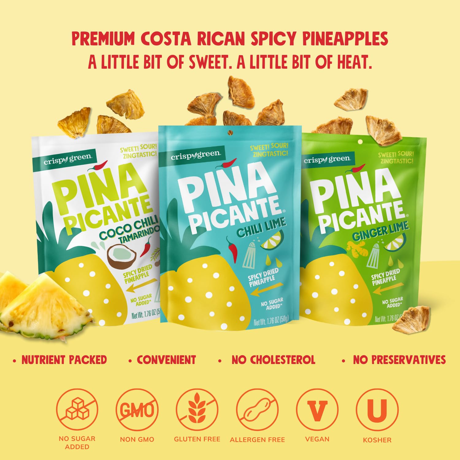 **Spicy Chili Lime Dried Pineapple Snacks - Crispy Green Piña Picante, 1.76oz (12 Single-Serve Bags) | Healthy Real Fruit Snack for On-the-Go, Office, Hiking & Travel**