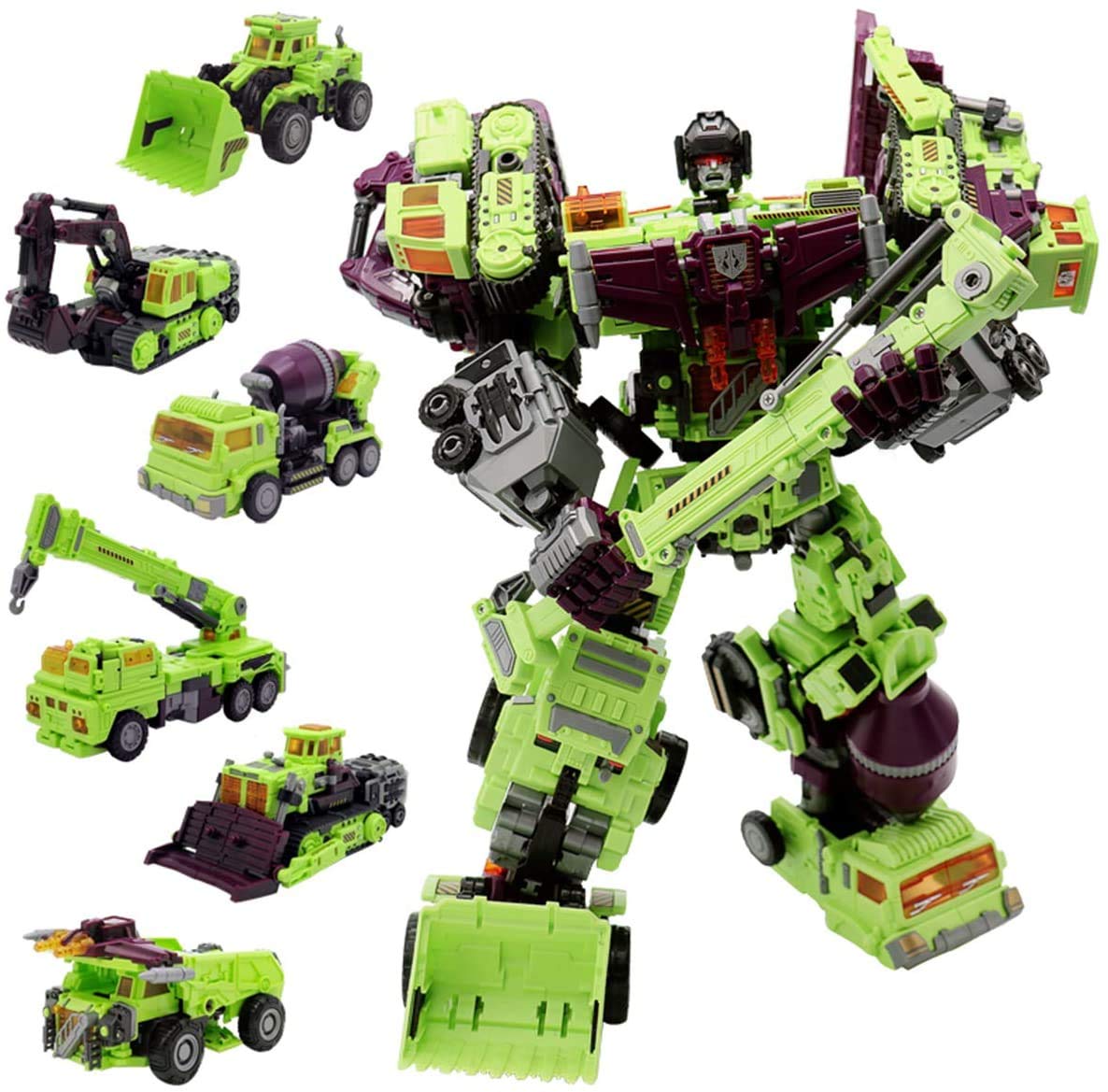NBK Deformation Oversize 6-in-1 Robot Devastator Engineering Combiner Action Figure - Transformable Car Truck Model Toy for Kids & Boys (Green) | STEM Educational Gift, Birthday Present & Collectible for Children