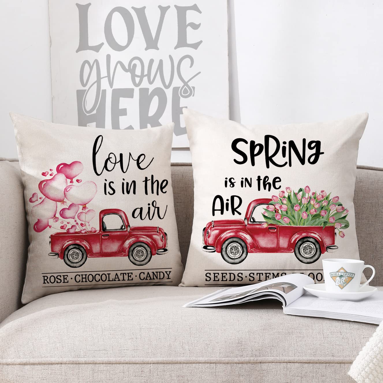 CARRIE HOME 18x18 Inch Red Truck Love Heart Flower Pillow Covers Set of 2 - Spring Valentine's Day Decorative Throw Pillows for Outdoor Porch, Living Room, Sofa & Home Decor - Perfect for Valentine's Gifts, Seasonal Decor and Cozy Home Accents