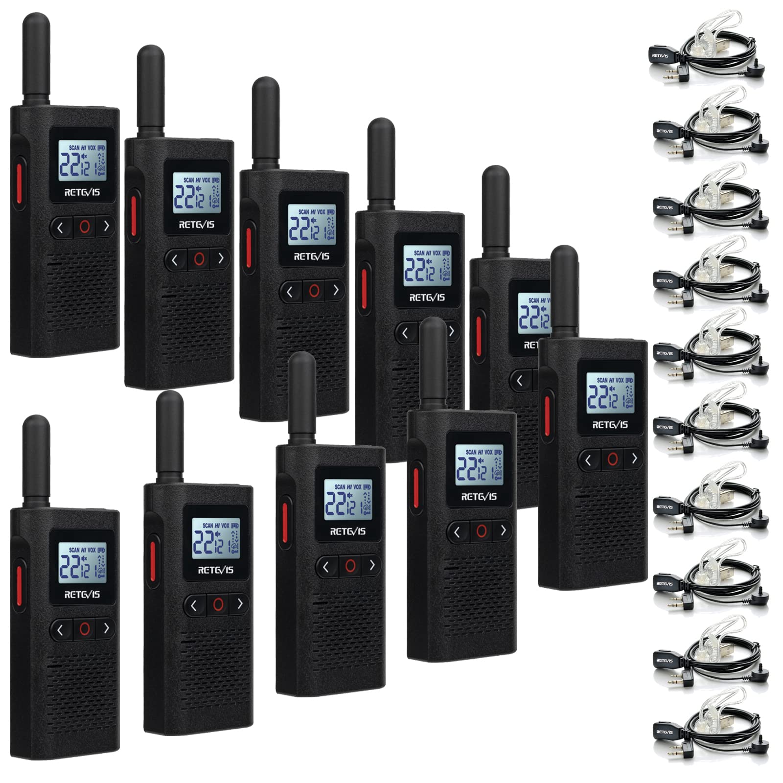 Retevis RB28 Rechargeable Walkie Talkies with Earpiece - USB-C Long Range Two Way Radios, 1500mAh Battery, NOAA Weather Alert, Large LCD Screen - 10 Pack for Business, School, Restaurant & Healthcare Use
