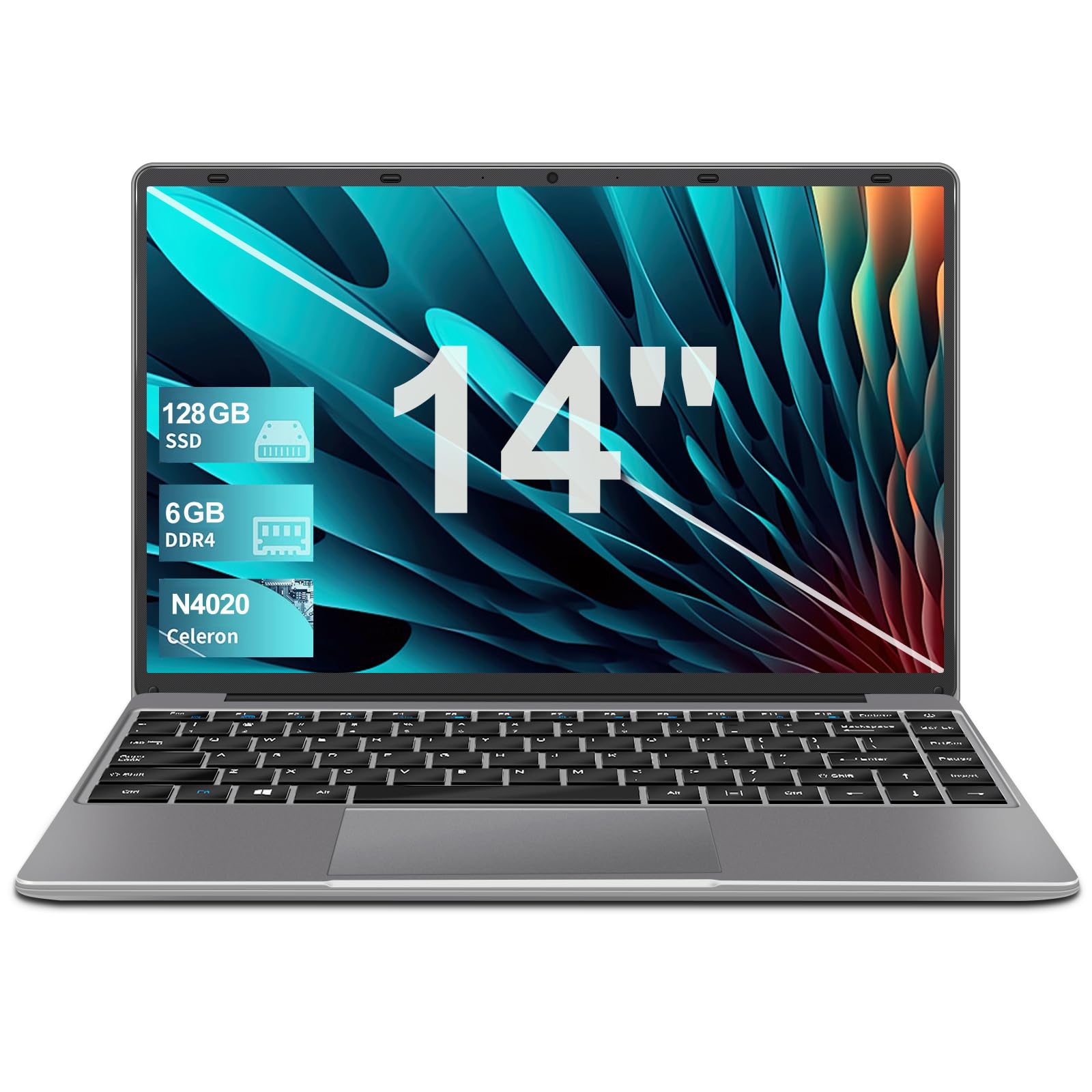14 Inch Windows 11 Laptop with 5G WiFi, 6GB RAM & 128GB SSD (Expandable to 1TB), Bluetooth 4.2, FHD 1920x1080 Display, Mini Multimedia Port & German Keyboard - Perfect for Remote Work, Online Classes & Business Travel (Film-Grey)