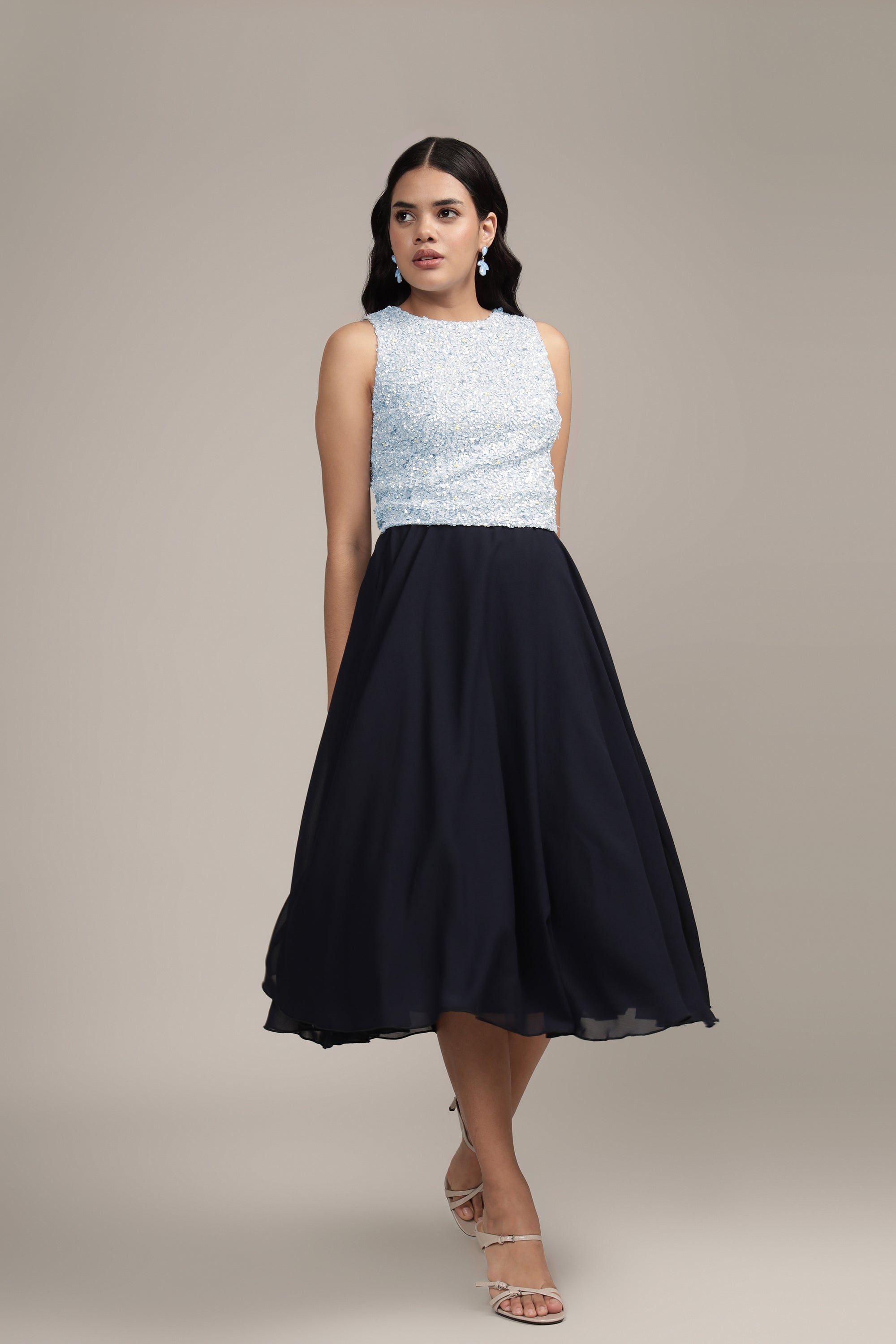 Light Blue Embellished Picasso Top for Women | Elegant Blouse for Casual Wear, Office & Special Occasions