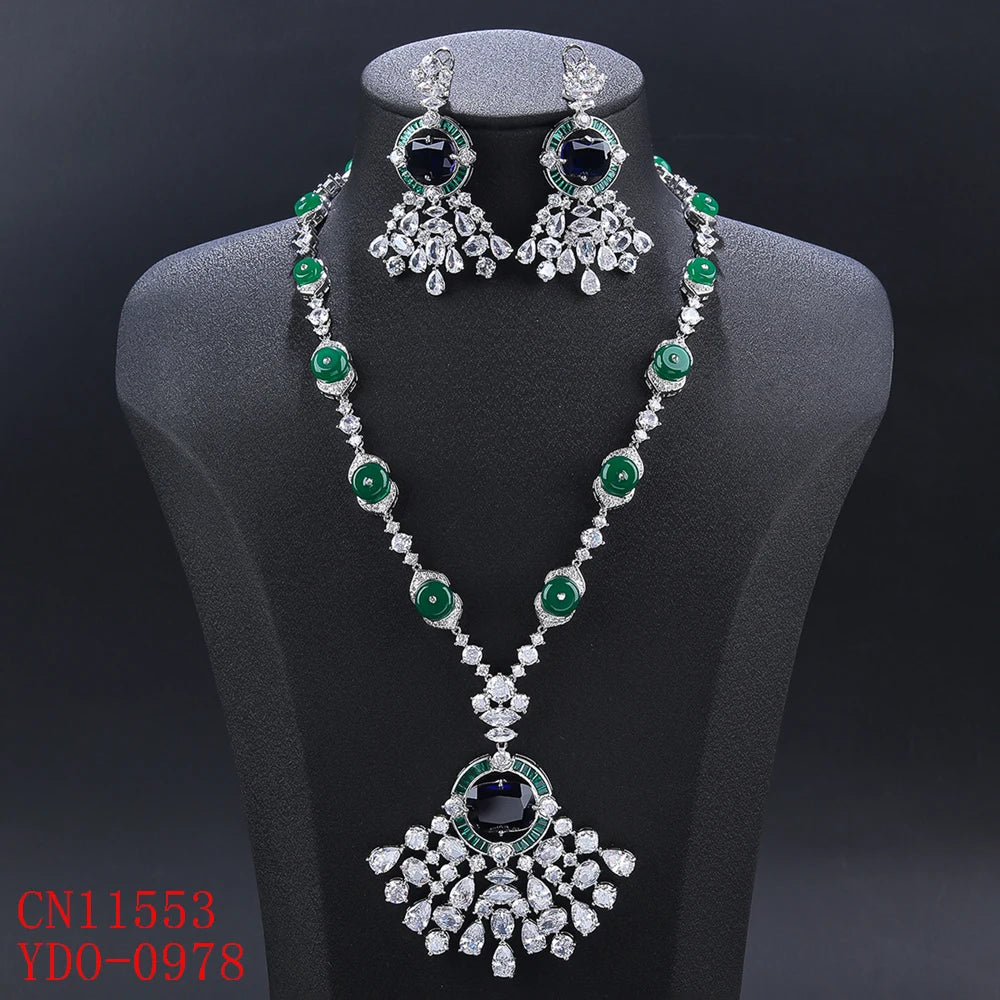 Elegant WaterDrop Cubic Zirconia Fan-Shaped Pendant Necklace & Earrings Set for Women - Luxury Party Jewelry Accessories - Perfect for Weddings, Prom, Evening Events and Special Occasions
