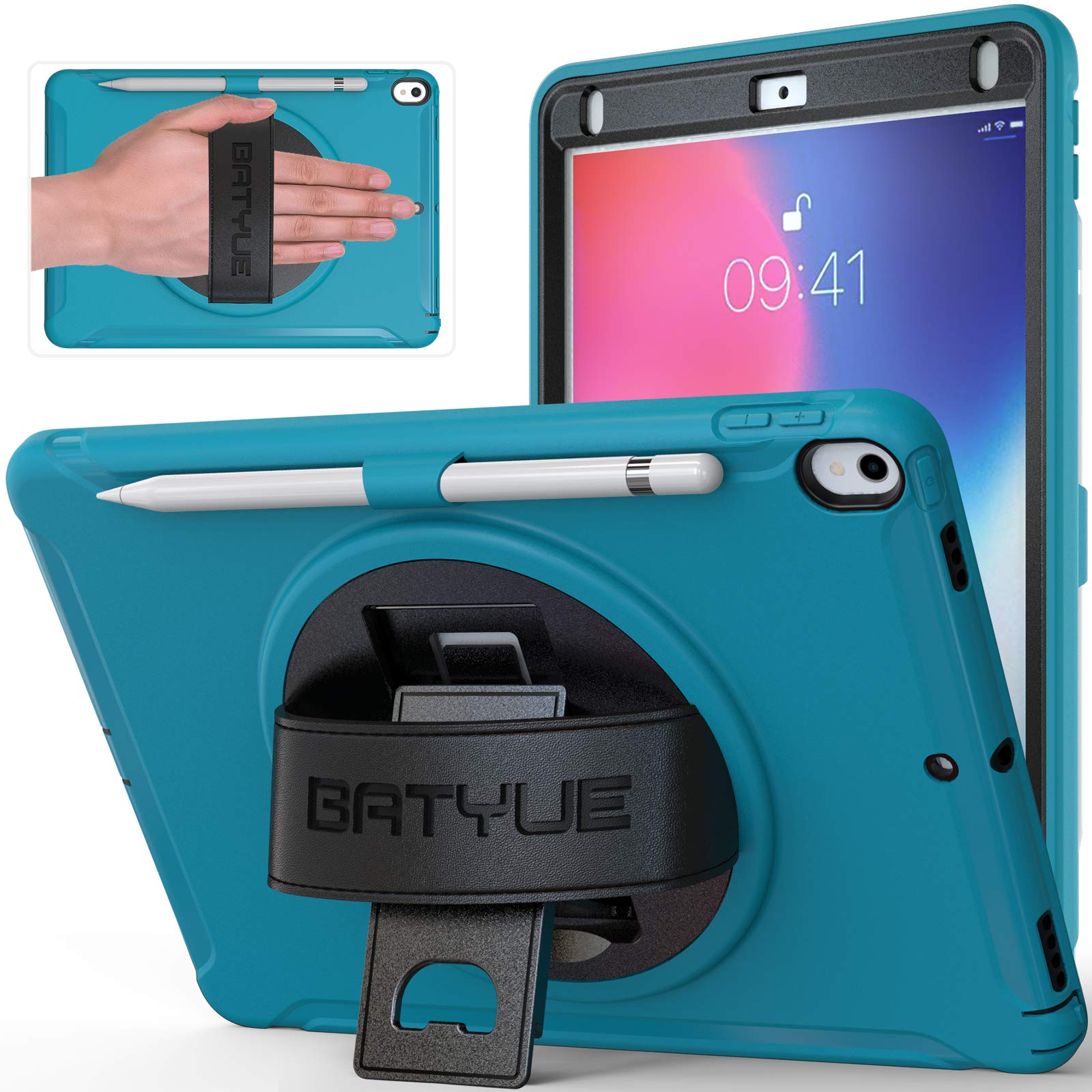BATYUE Shockproof Rugged Case for iPad Pro 10.5 (2017) & iPad Air 3 (2019) - 360° Swivel Kickstand, Leather Hand Strap & Pencil Holder - Light Blue Protective Cover for Work, Travel & Outdoor Use