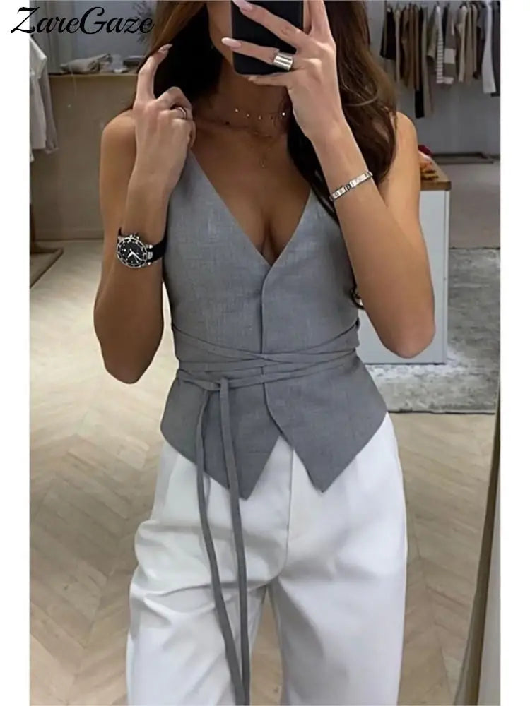 Elegant Chic Lace-Up V-Neck Women's Vest - Solid Slim Sleeveless Tops for Spring & Summer | Sexy Streetwear Fashion for Ladies | Perfect for Date Nights, Parties & Casual Outings