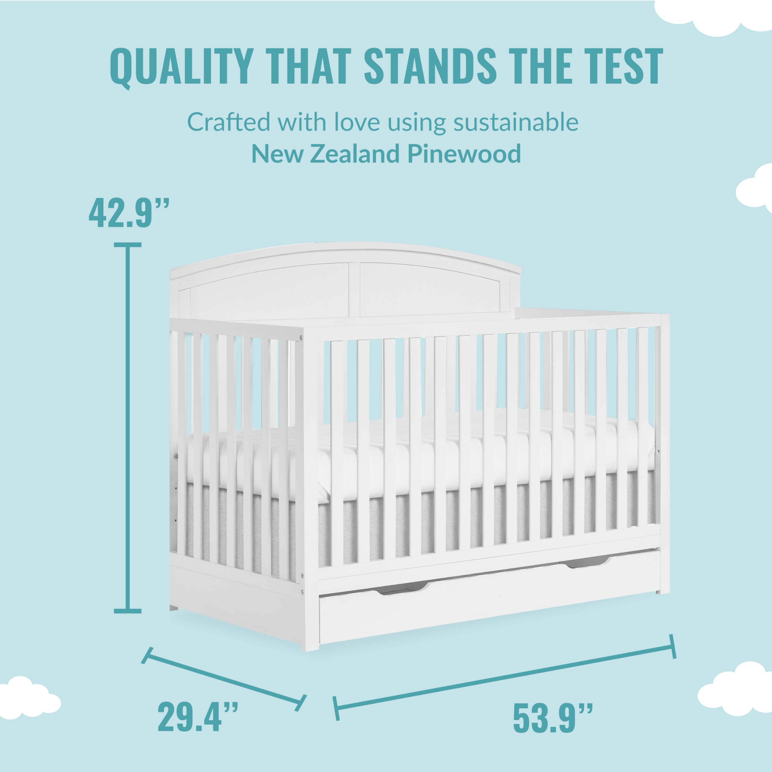 Dream On Me Storybrooke 5-in-1 Convertible Baby Crib with Storage Drawer - White | JPMA & Greenguard Gold Certified | Sustainable Pinewood Construction | Non-Toxic Water-Based Paint | Nursery Furniture for Newborns & Toddlers | Perfect for Small Spaces & Modern Nurseries