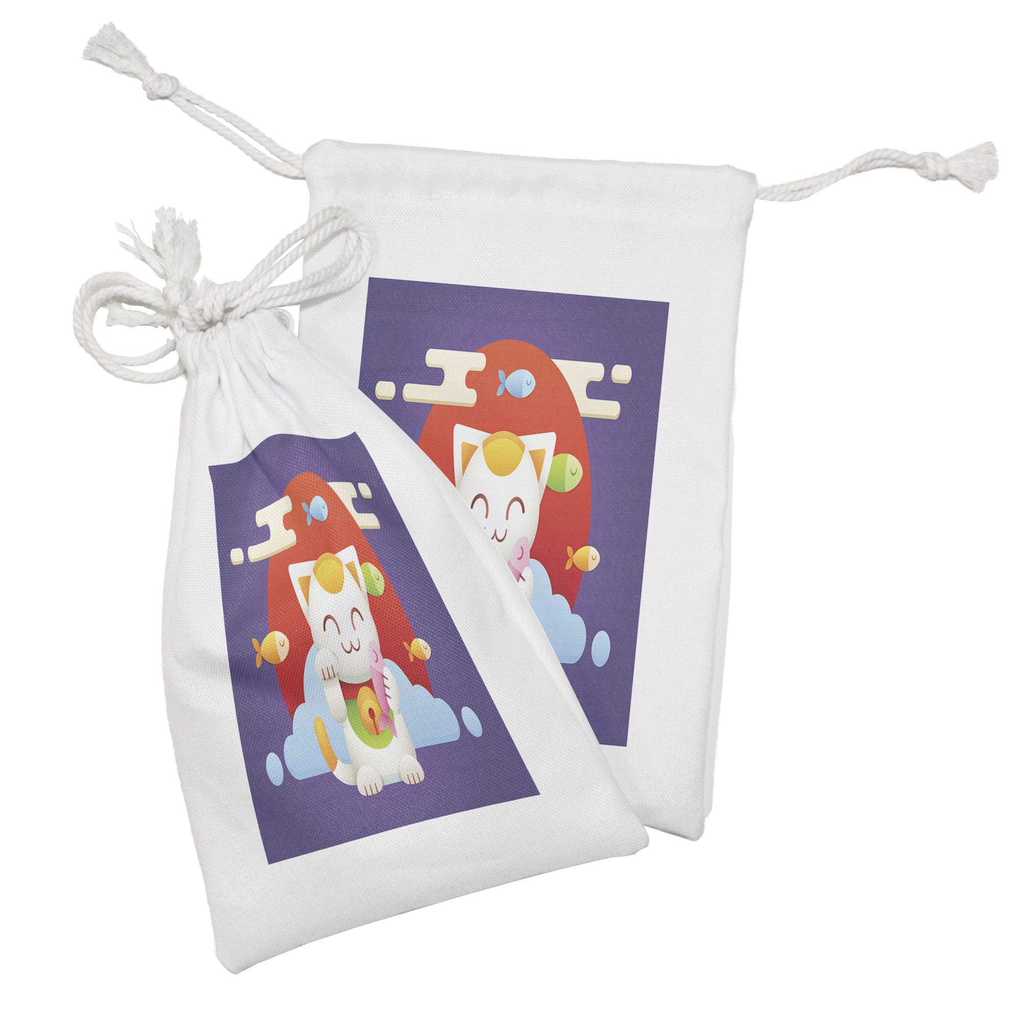 Ambesonne Japanese Lucky Cat Fabric Pouch Set of 2 - Maneki Neko Drawstring Bags for Fortune (9