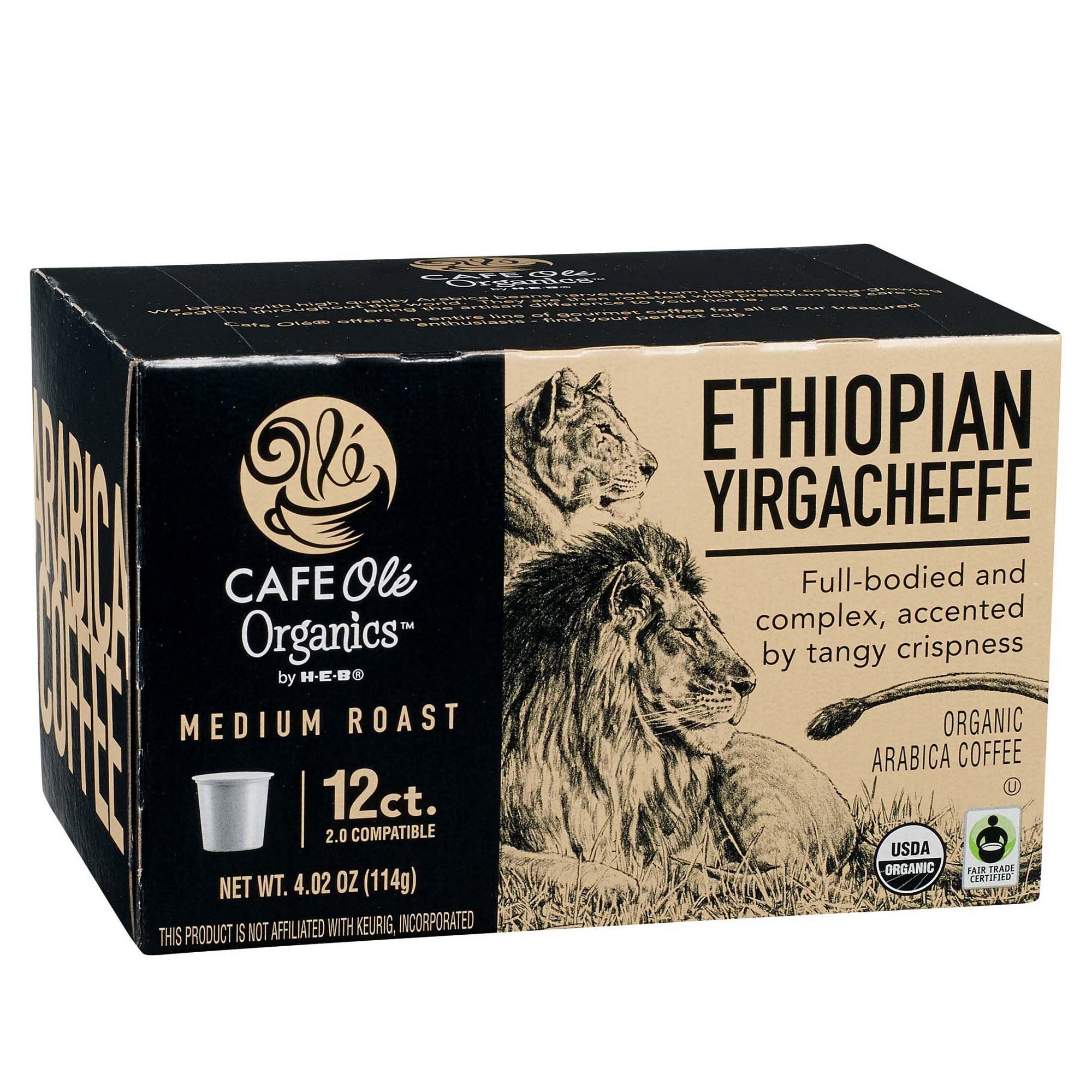 Organic Ethiopian Yirgacheffe Medium Roast Single Serve Coffee Cups - Premium Cafe Ole Coffee Pods for Keurig Brewers | Perfect for Home, Office & Morning Routine