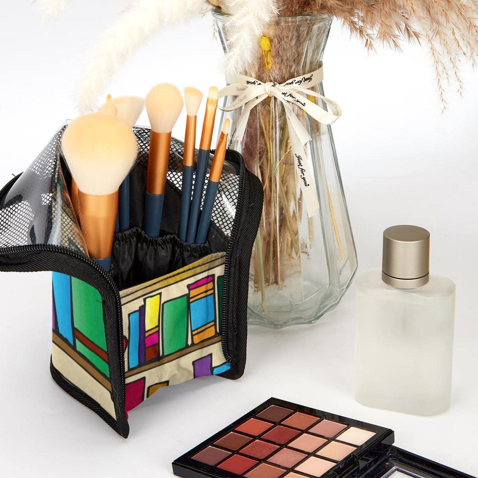 Portable Makeup Brush Organizer Bag with 12 Slots - Cartoon Bookshelf Design Makeup Brush Holder Case for Travel & Home Vanity Organization