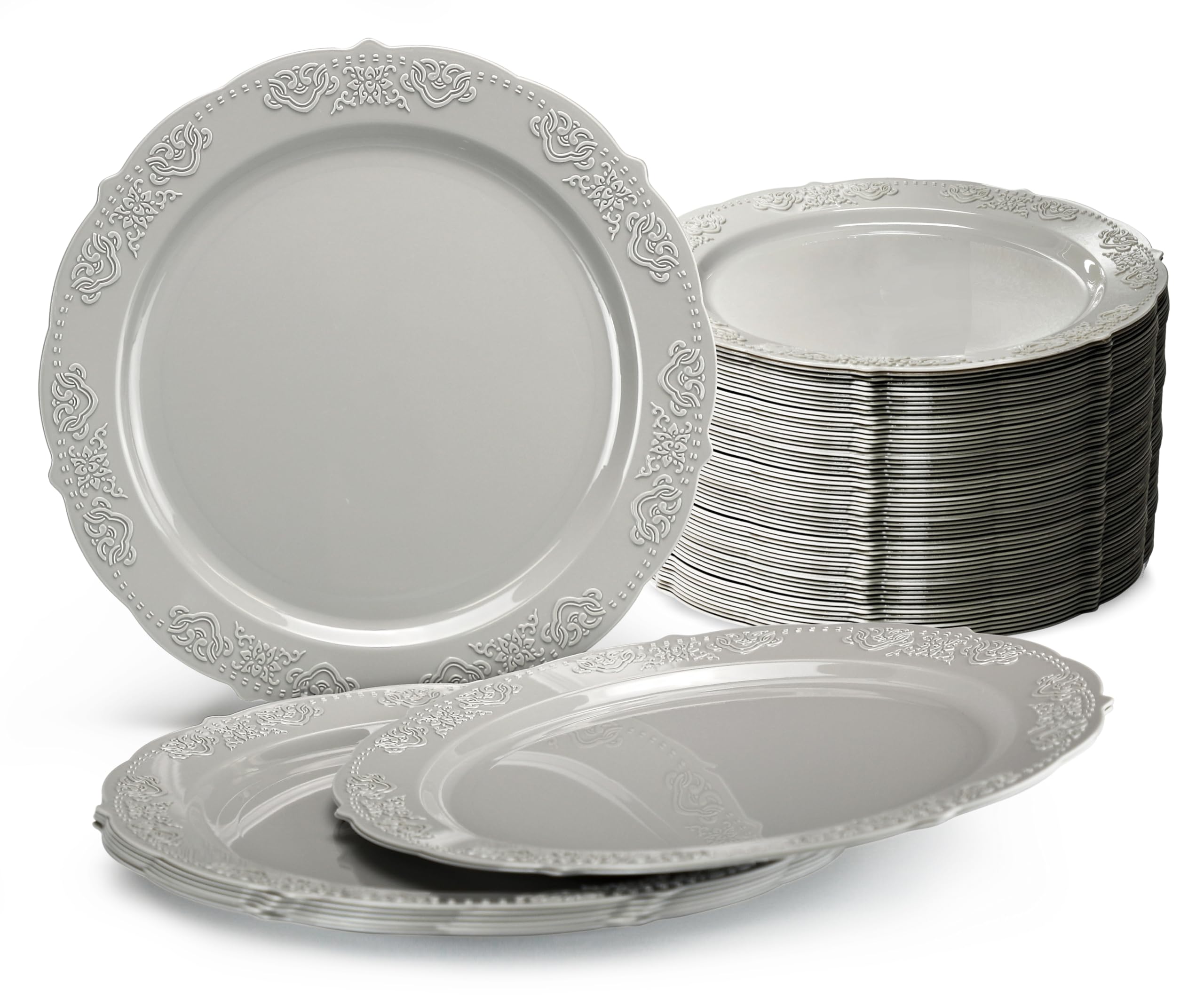 120 Pack Vintage Style Disposable Plastic Plates - 7.5'' Appetizer/Dessert Plates in Portofino Warm Gray for Wedding, Party & Special Occasions | Elegant Tableware for Catering, Birthday Celebrations & Holiday Gatherings
