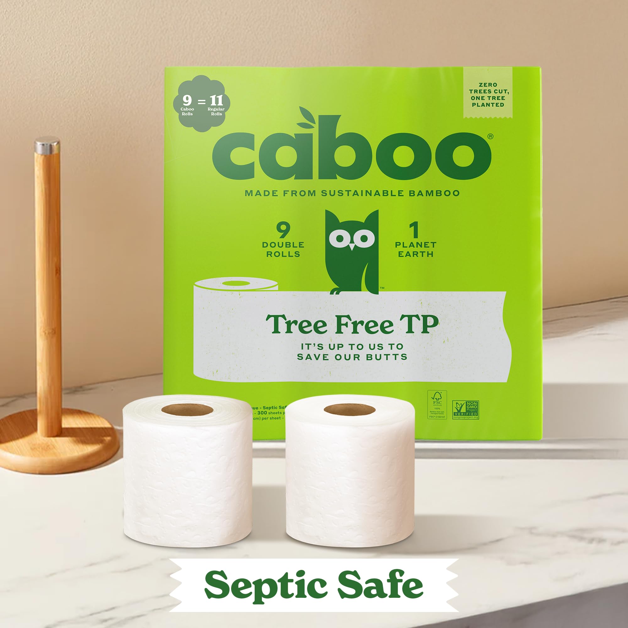 Caboo Tree-Free Toilet Paper - Septic Safe, Quick-Dissolving 2-Ply Bath Tissue (9 Double Rolls, 300 Sheets Per Roll) - Eco-Friendly, Soft & Strong for RVs, Boats, Camping & Emergency Preparedness