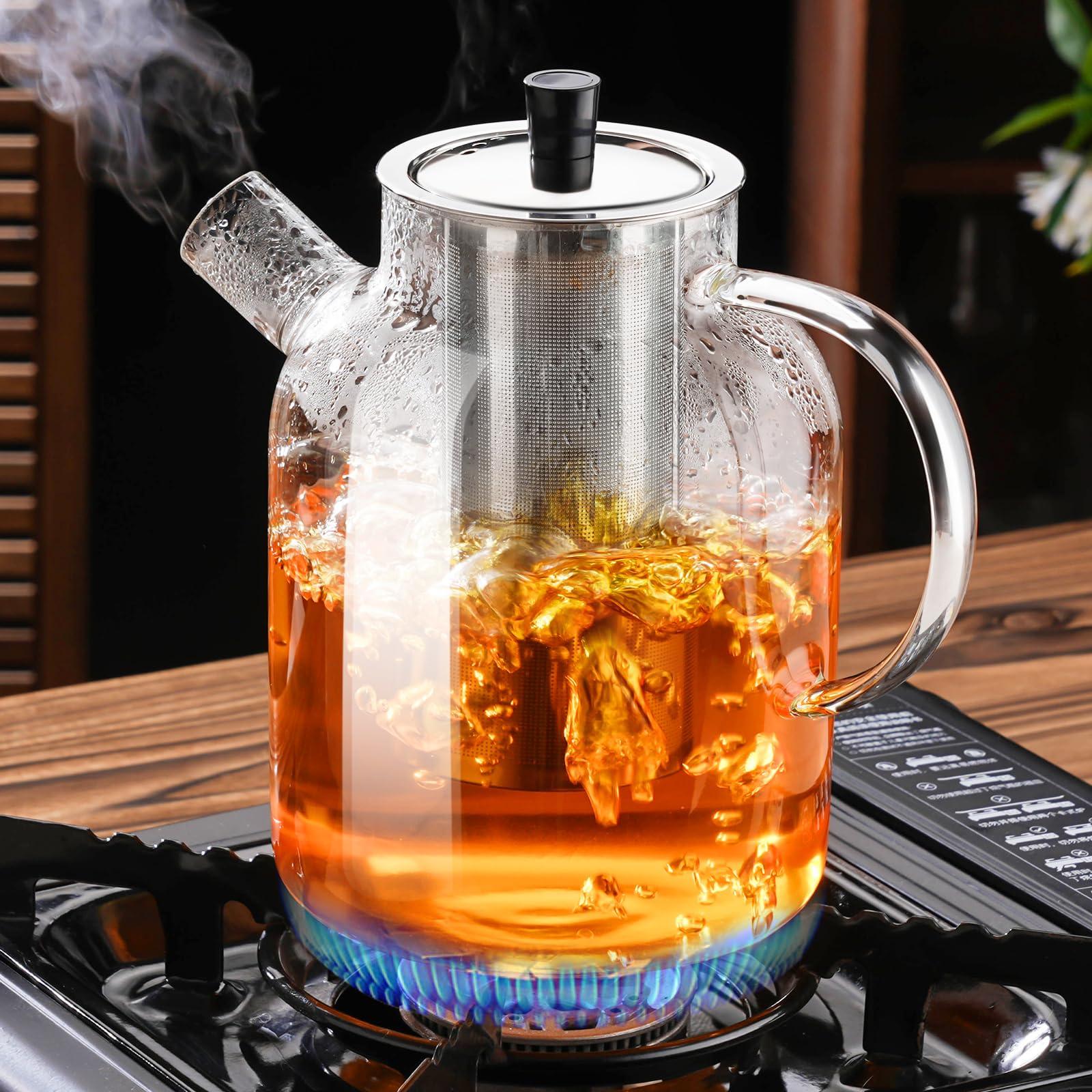 Premium Clear Glass Teapot Stovetop Safe - 61oz Capacity with Removable Stainless Steel Infuser & Filter Spout - Perfect for Blooming, Loose Leaf Tea & Herbal Brewing - Ideal for Home, Office, Camping & Outdoor Tea Ceremonies