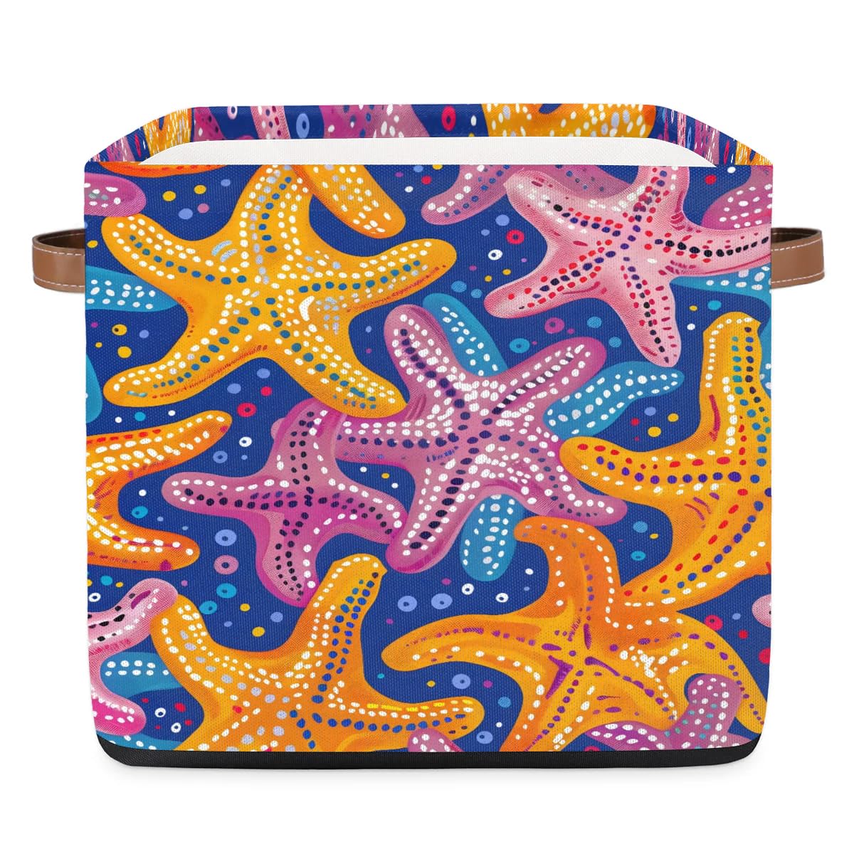 13 Inch Collapsible Star Fish Storage Basket with Leather Handle - Multi-Color Closet Organizer, Home Decor Storage Bin for Bedroom, Bathroom & Kids Room Organization
