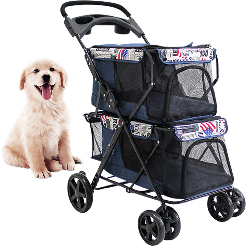 La La Pet® Portable Double-Layer Folding Pet Stroller with Removable Cup Holder & Storage Basket - 4-Wheel Dog Pushchair for Small Dogs & Cats - Breathable Travel Carrier for Outdoor Walks, Shopping & Vet Visits (Deep Blue)