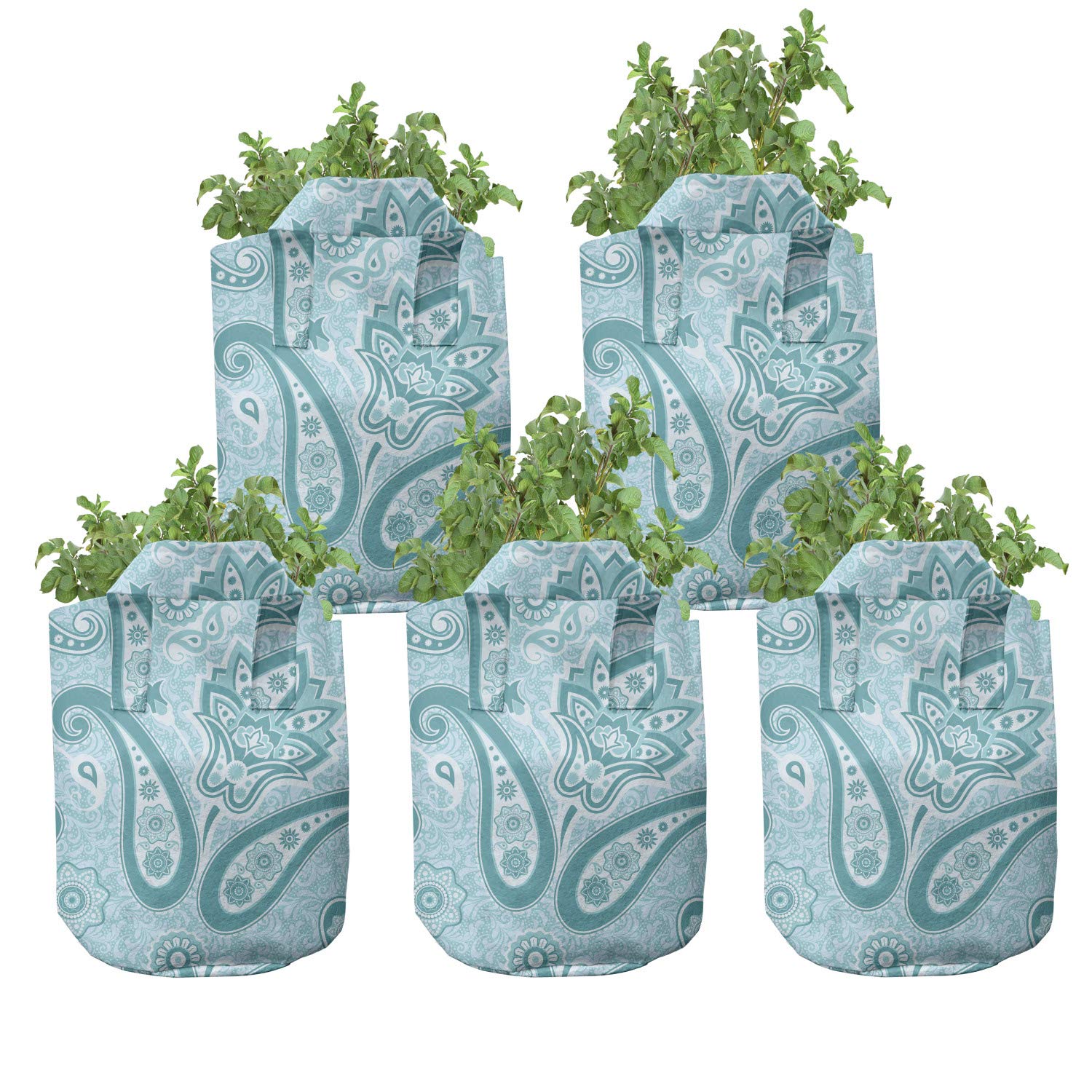 Ambesonne 5-Pack Paisley Grow Bags - Heavy Duty Fabric Plant Pots with Handles, Ethnic Hippie Floral Design in Pale Blue Teal - Perfect for Indoor/Outdoor Gardening, Balcony Plants & Herb Cultivation
