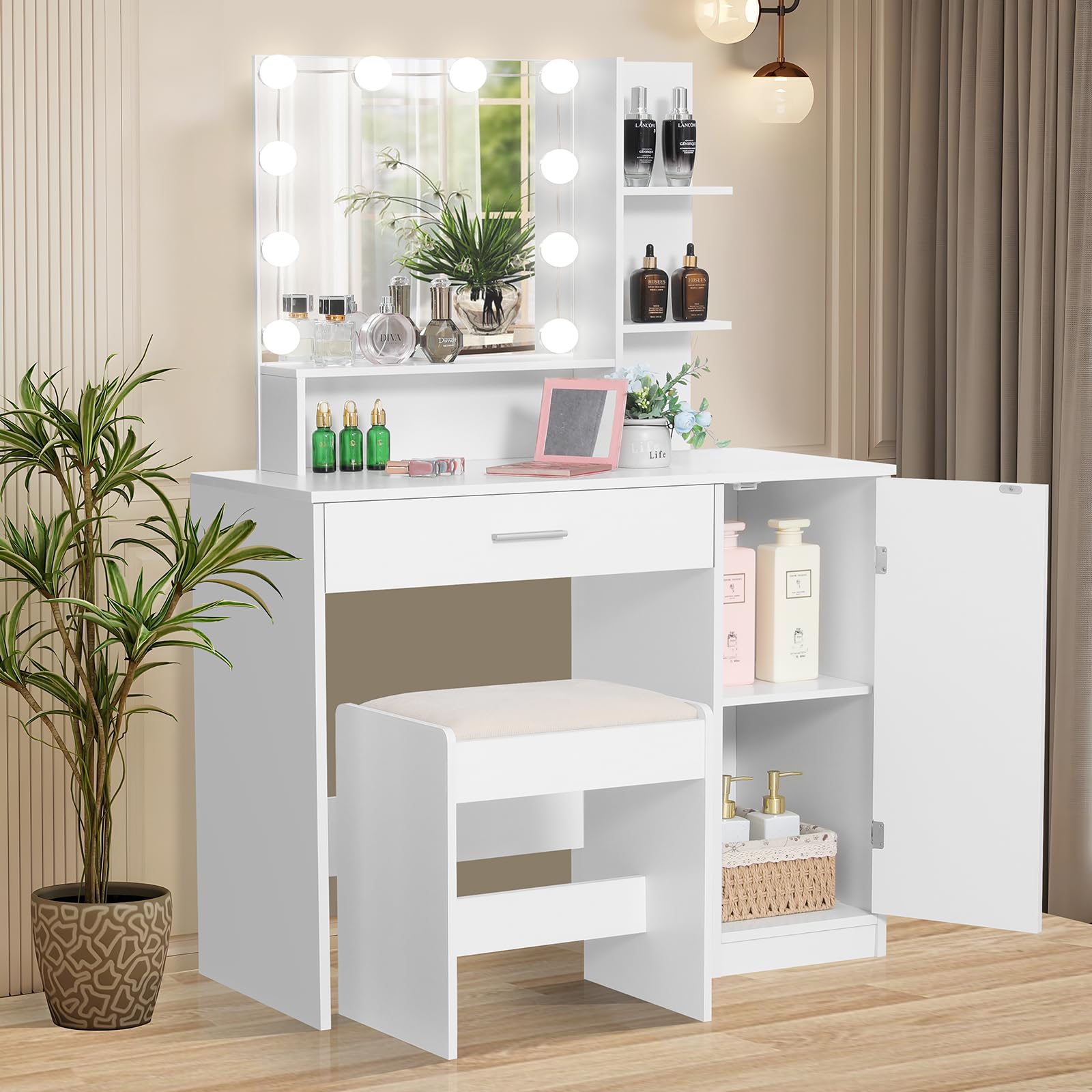 USIKEY White Makeup Vanity Desk Set with Stool - 1 Drawer, 1 Cabinet & 3 Shelves, 3 Adjustable Lighting Modes - Perfect for Bedroom, Dressing Room & Valentine's Day Gift