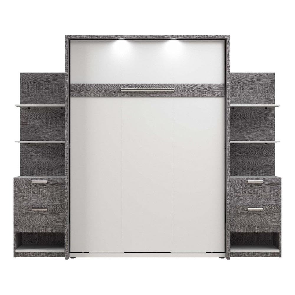 Atlin Designs Wood Full Murphy Bed with Nightstand in Bark Gray/White - Space Saving Wall Bed for Small Apartments, Guest Rooms & Home Offices