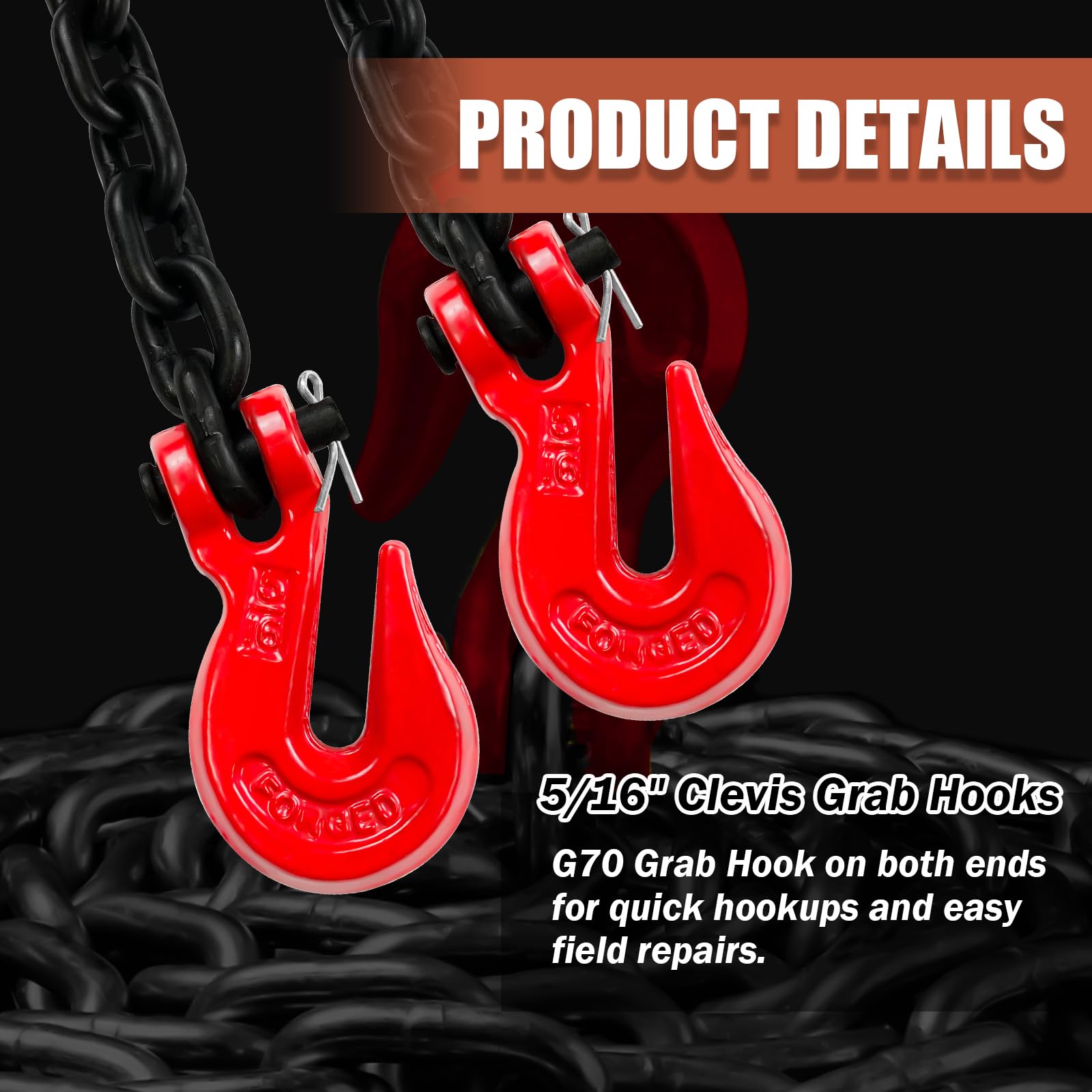 G80 5/16 Inch x 10 Foot Heavy Duty Transport Binder Chain - 4,900 lbs Safe Working Load with Clevis Grab Hooks | Towing Chain for Trucks, Trailers & Equipment | Ideal for Transporting, Towing & Securing Loads | Durable Trucker's Chain for Professional Use