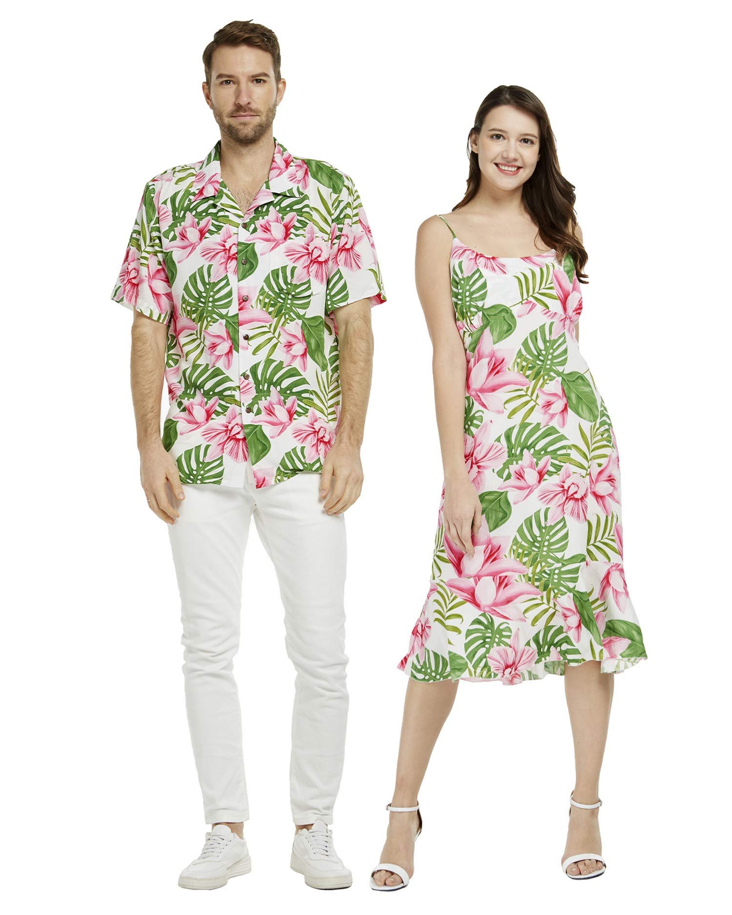 **Matching Couple Hawaiian Luau Shirts & Mermaid Dress Set - Blue Tropical Leaf Print for Beach Vacation, Summer Party, and Luau Theme Outfits**