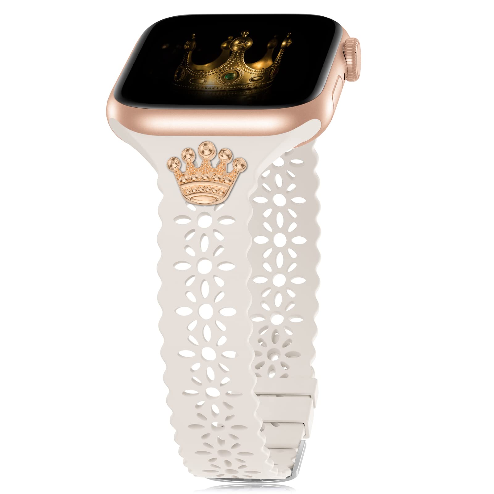 Elegant Lace Silicone Apple Watch Band with Charms - Compatible with 38mm/40mm/41mm/42mm/44mm/45mm - Fashionable Slim Sport Band for Women - Perfect for iWatch Series 7/6/SE/5/4/3/2/1 - Ideal for Workouts, Office Wear & Everyday Fashion Accessory