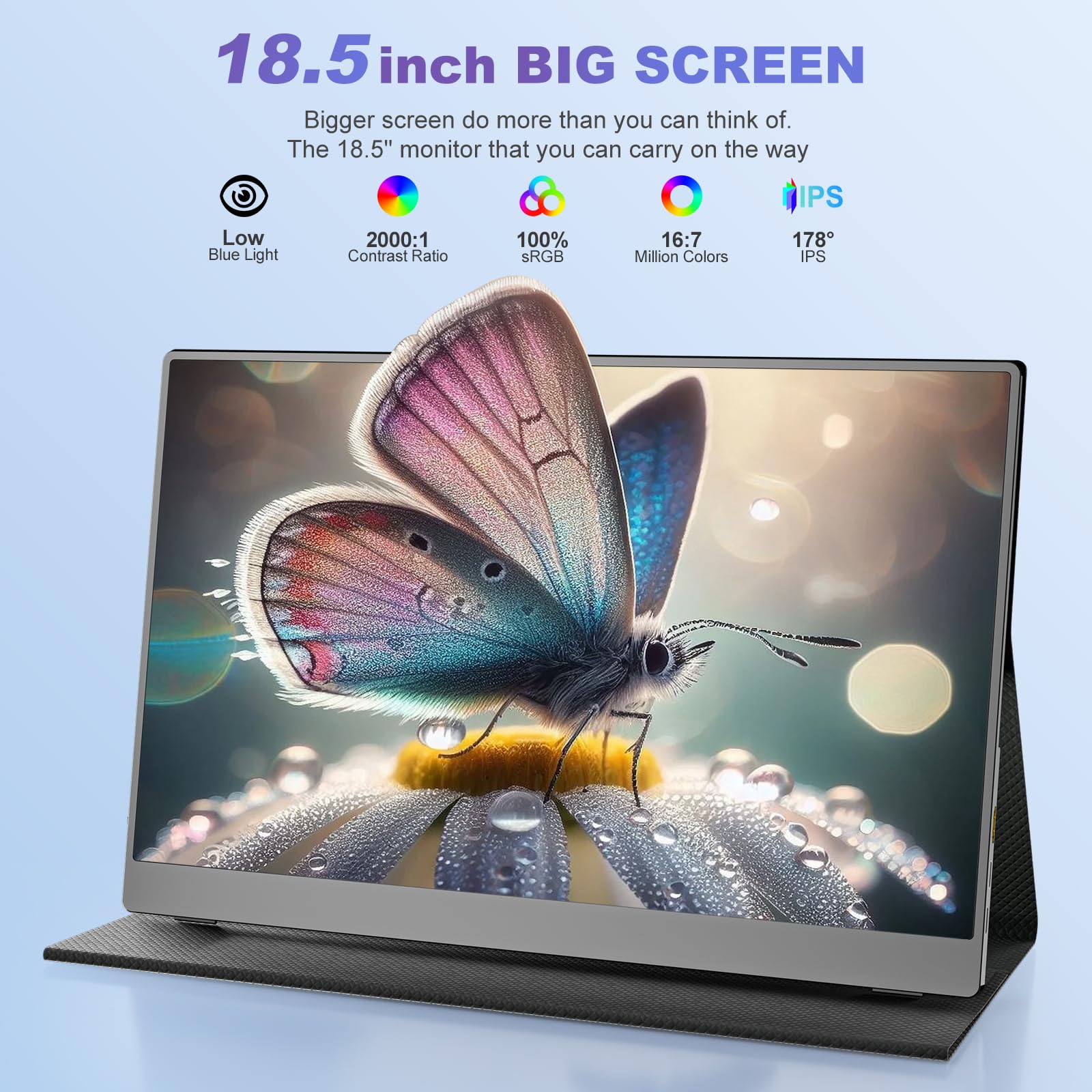 18.5 Inch Portable Monitor for Laptop - FHD 1080P IPS Display, 100% sRGB, HDR, USB-C/HDMI, VESA Mount, Built-in Speakers with Smart Cover - Perfect for Travel, Business, Gaming & Home Office Use